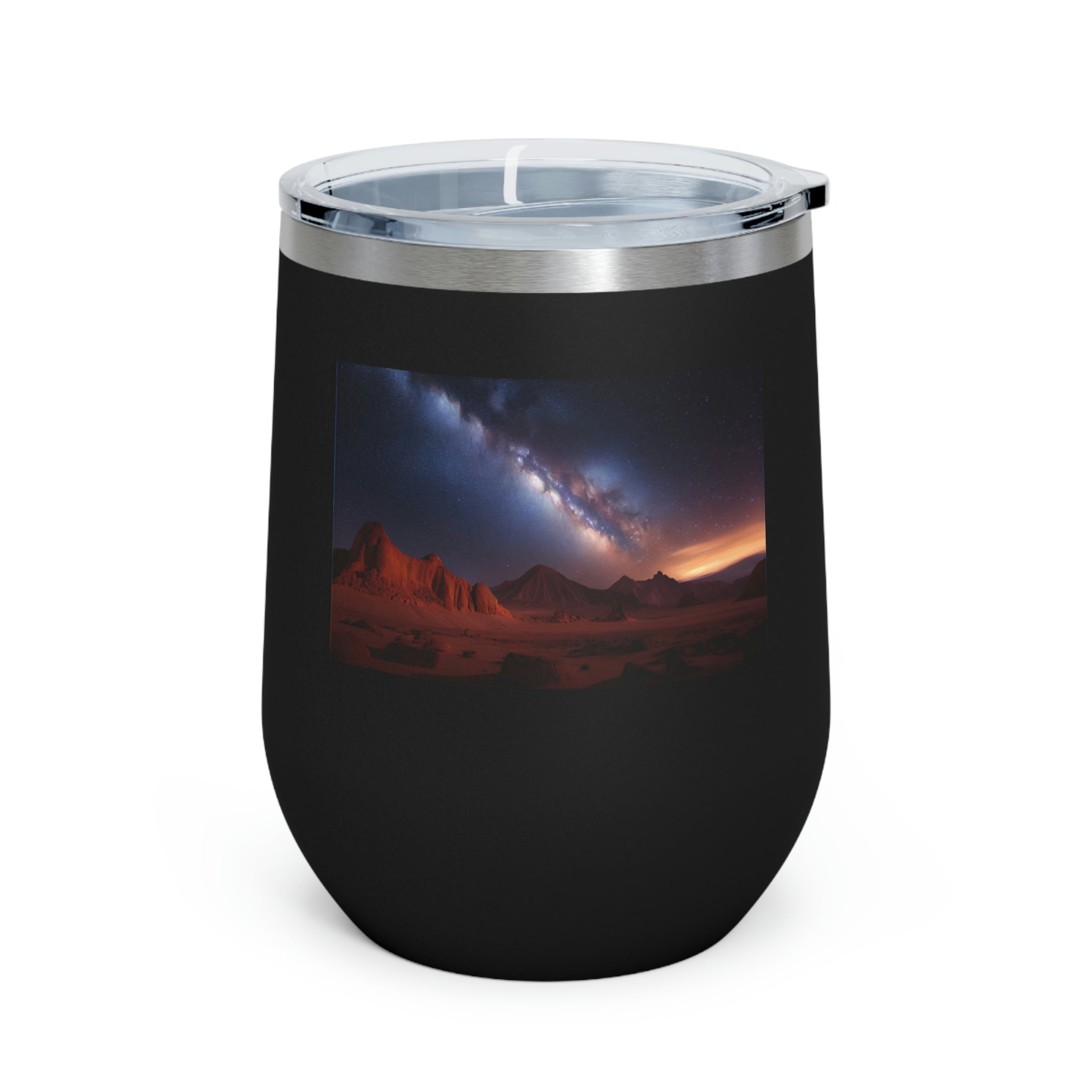 Milky Galaxy Wine Tumbler with a stylish design and clear lid, perfect for hot and cold beverages.