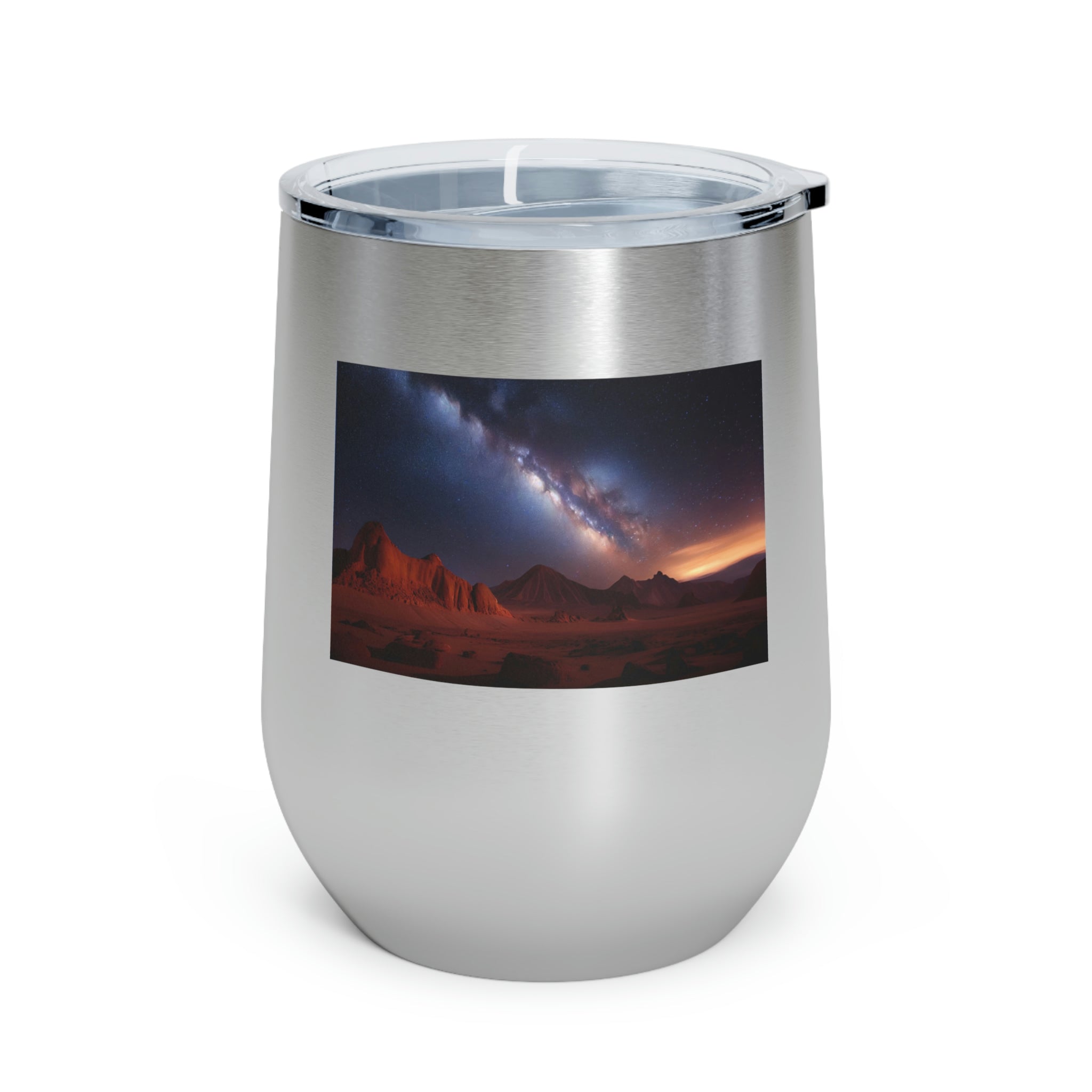 Milky Galaxy Wine Tumbler with a stylish design and clear lid, perfect for hot and cold beverages.