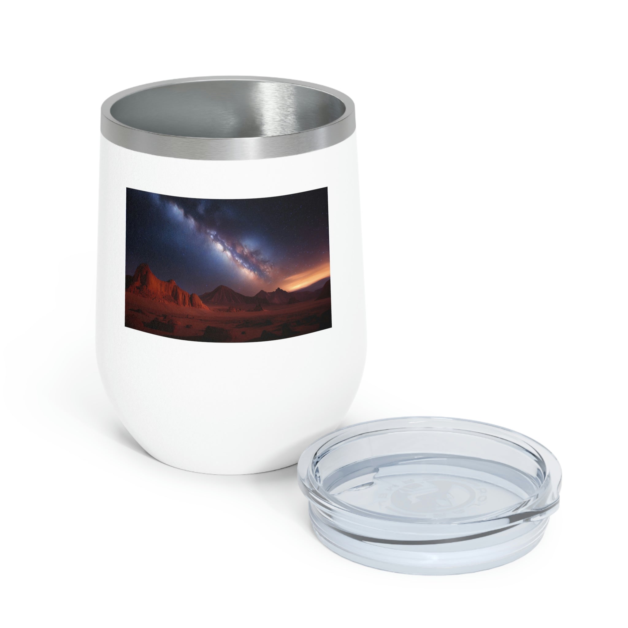 Milky Galaxy Wine Tumbler with a stylish design and clear lid, perfect for hot and cold beverages.