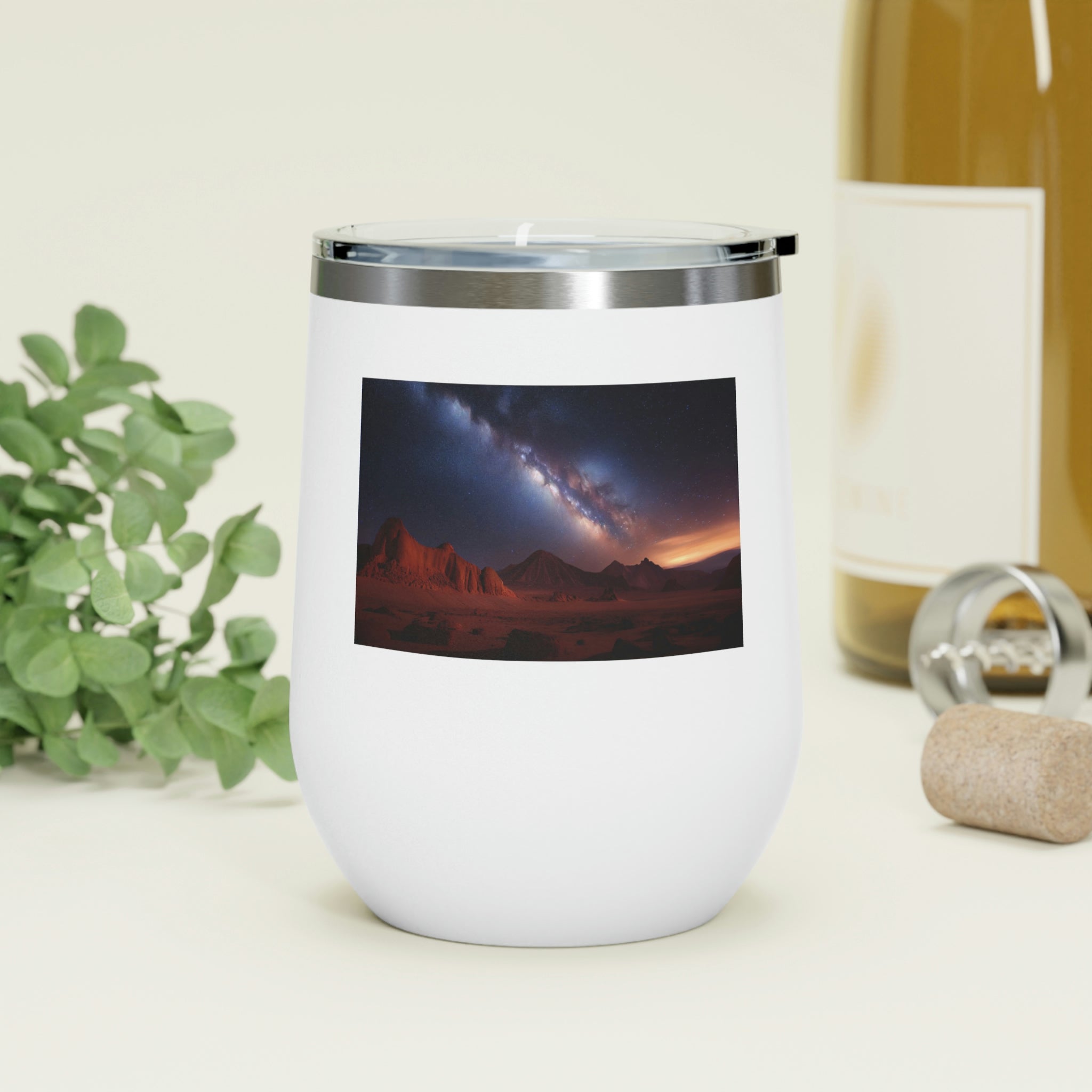 Milky Galaxy Wine Tumbler with a stylish design and clear lid, perfect for hot and cold beverages.