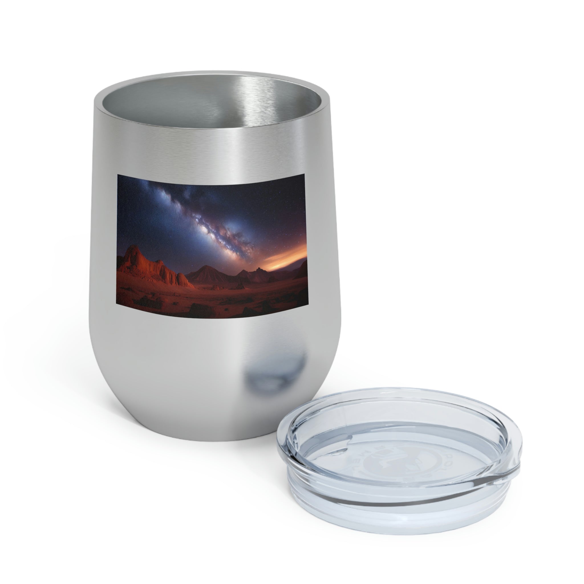 Milky Galaxy Wine Tumbler with a stylish design and clear lid, perfect for hot and cold beverages.