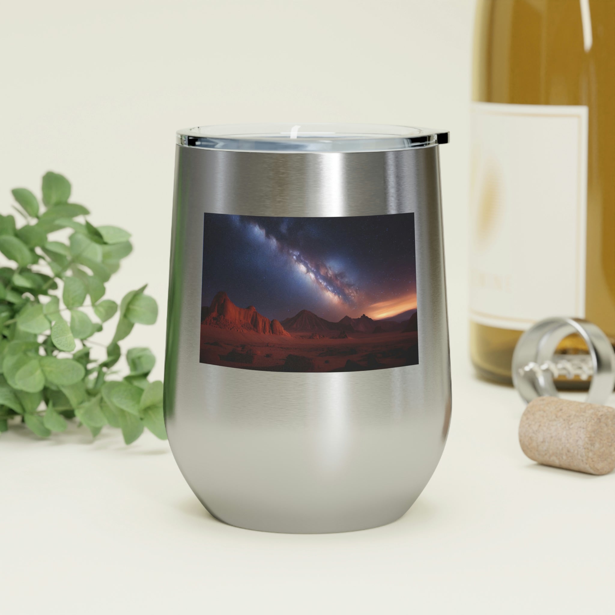 Milky Galaxy Wine Tumbler with a stylish design and clear lid, perfect for hot and cold beverages.