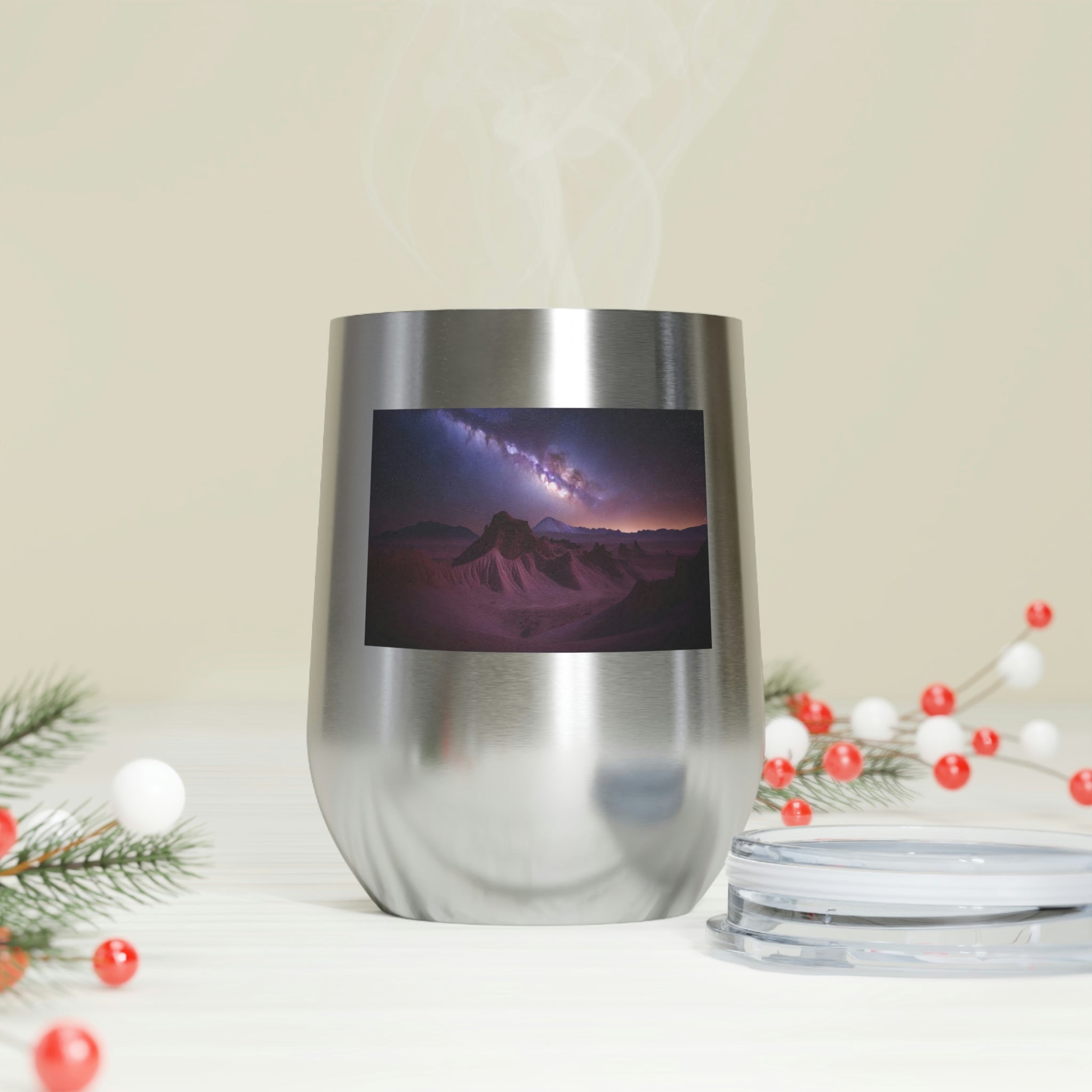 Milky Galaxy Wine Tumbler with a stylish design, featuring a clear plastic lid and double-wall insulation.