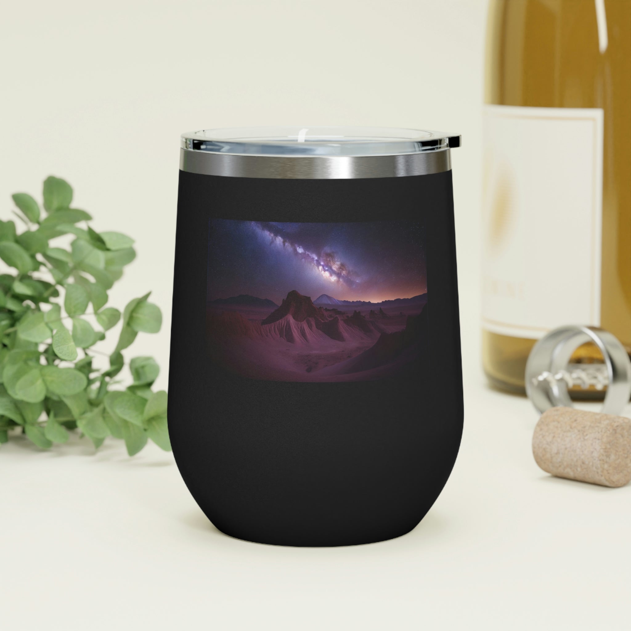 Milky Galaxy Wine Tumbler with a stylish design, featuring a clear plastic lid and double-wall insulation.