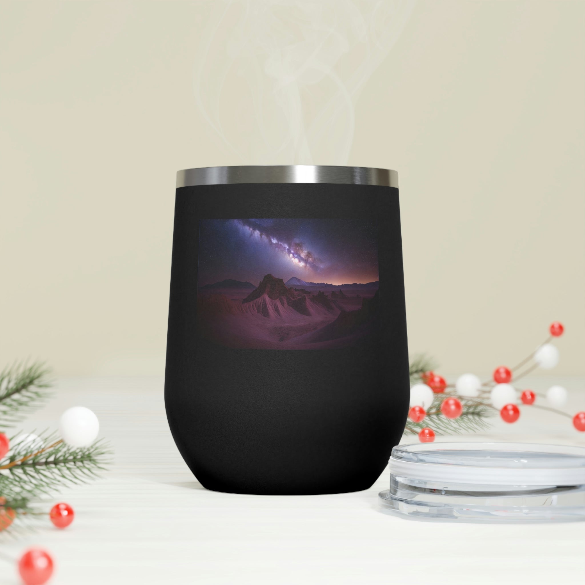 Milky Galaxy Wine Tumbler with a stylish design, featuring a clear plastic lid and double-wall insulation.