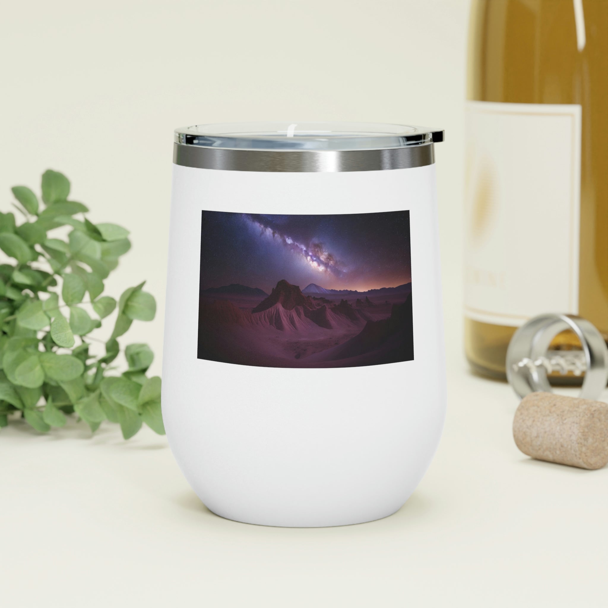 Milky Galaxy Wine Tumbler with a stylish design, featuring a clear plastic lid and double-wall insulation.