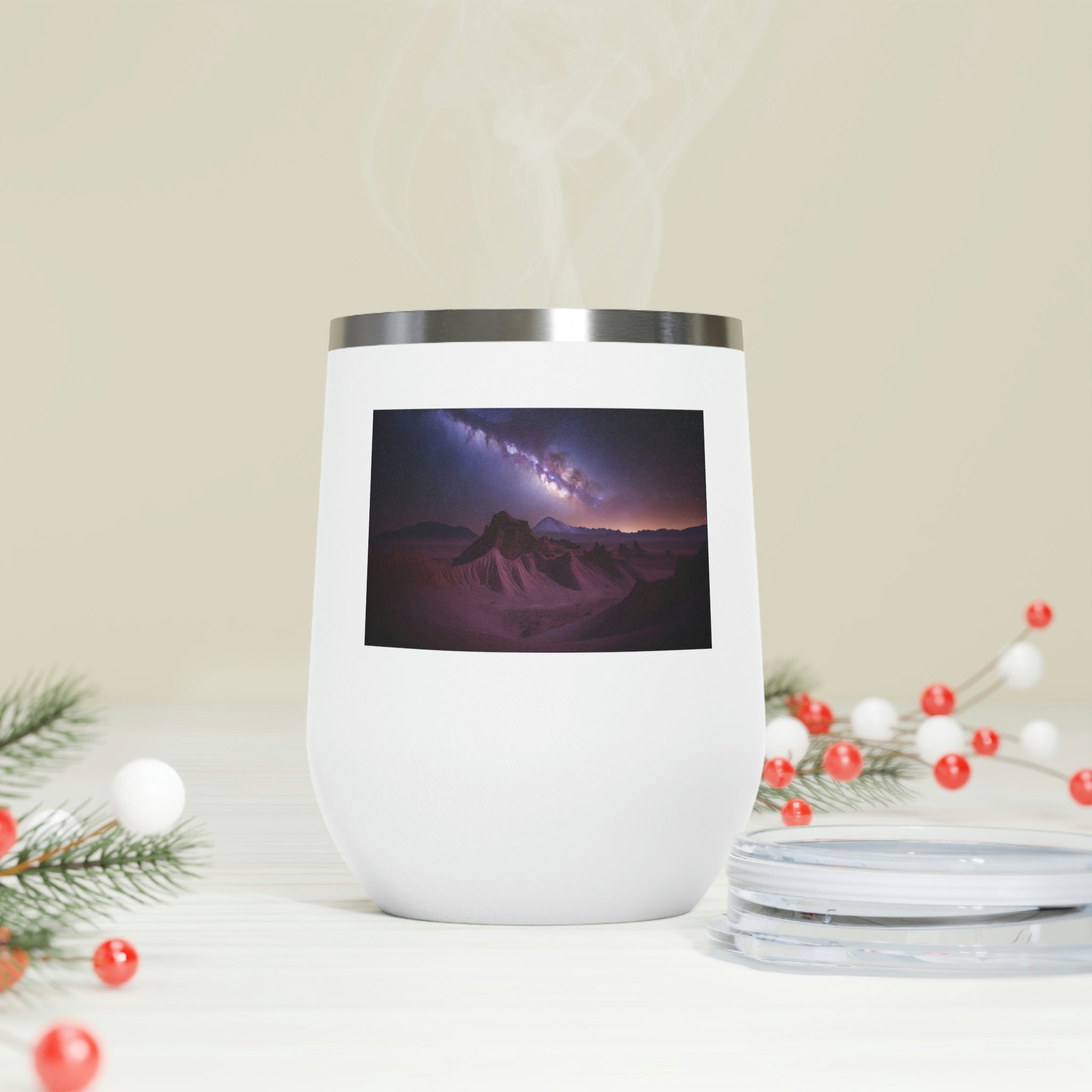 Milky Galaxy Wine Tumbler with a stylish design, featuring a clear plastic lid and double-wall insulation.