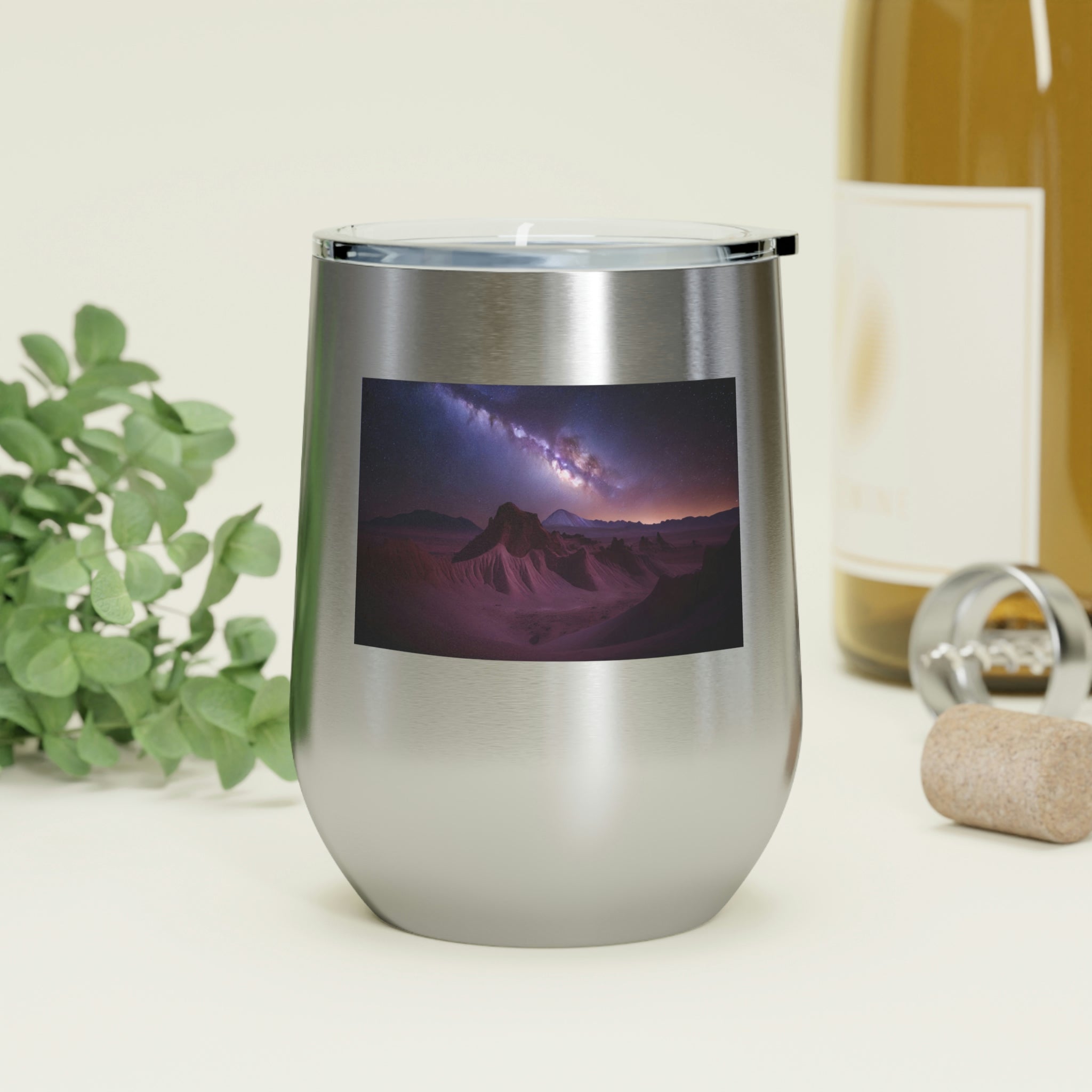 Milky Galaxy Wine Tumbler with a stylish design, featuring a clear plastic lid and double-wall insulation.