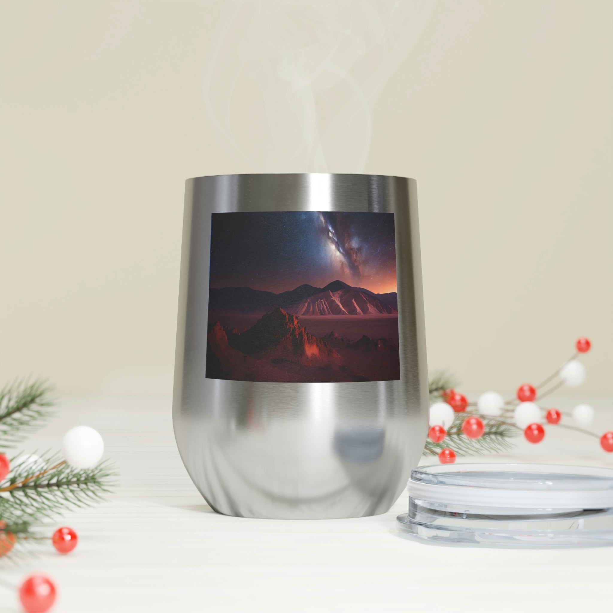 Milky Galaxy Wine Tumbler with a stylish design, clear lid, and double-wall insulation, perfect for hot and cold beverages.