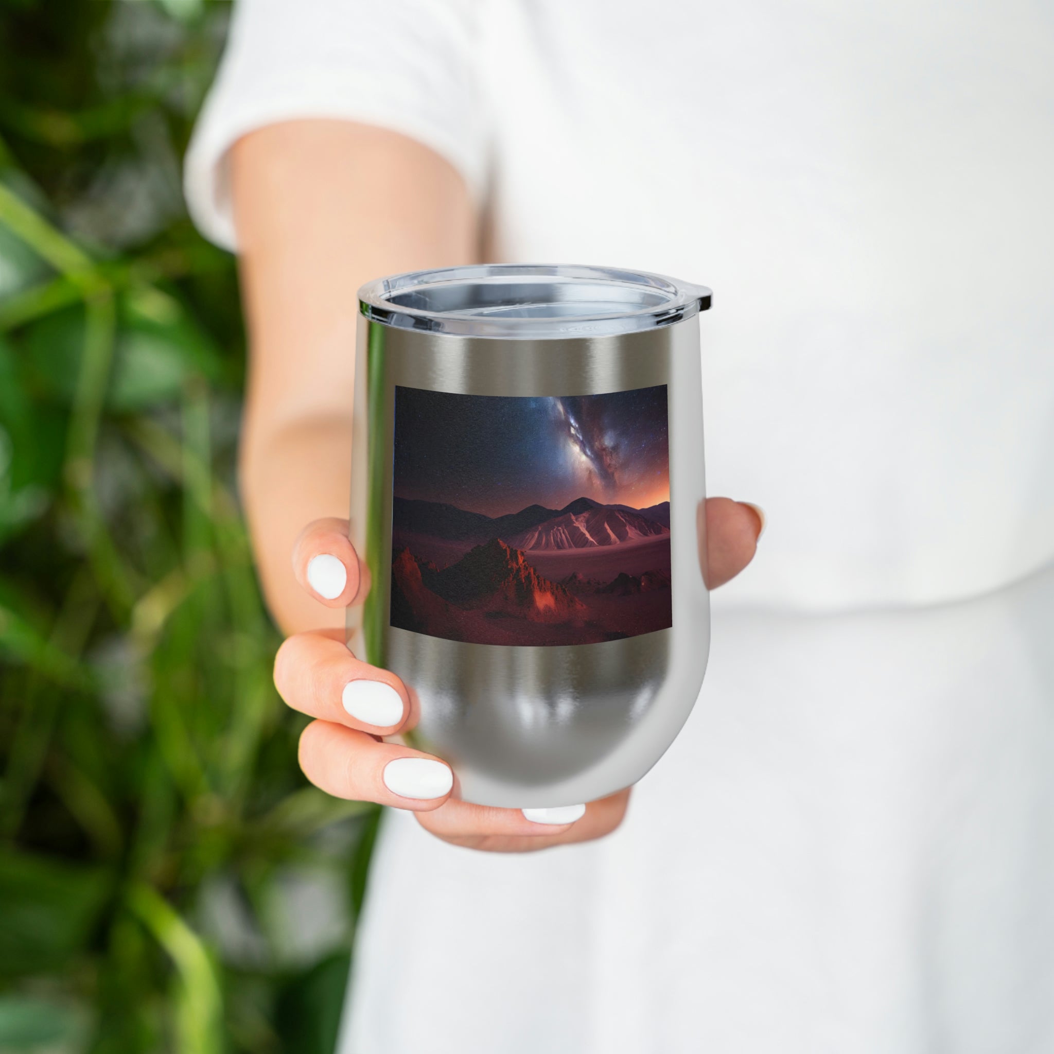 Milky Galaxy Wine Tumbler with a stylish design, clear lid, and double-wall insulation, perfect for hot and cold beverages.