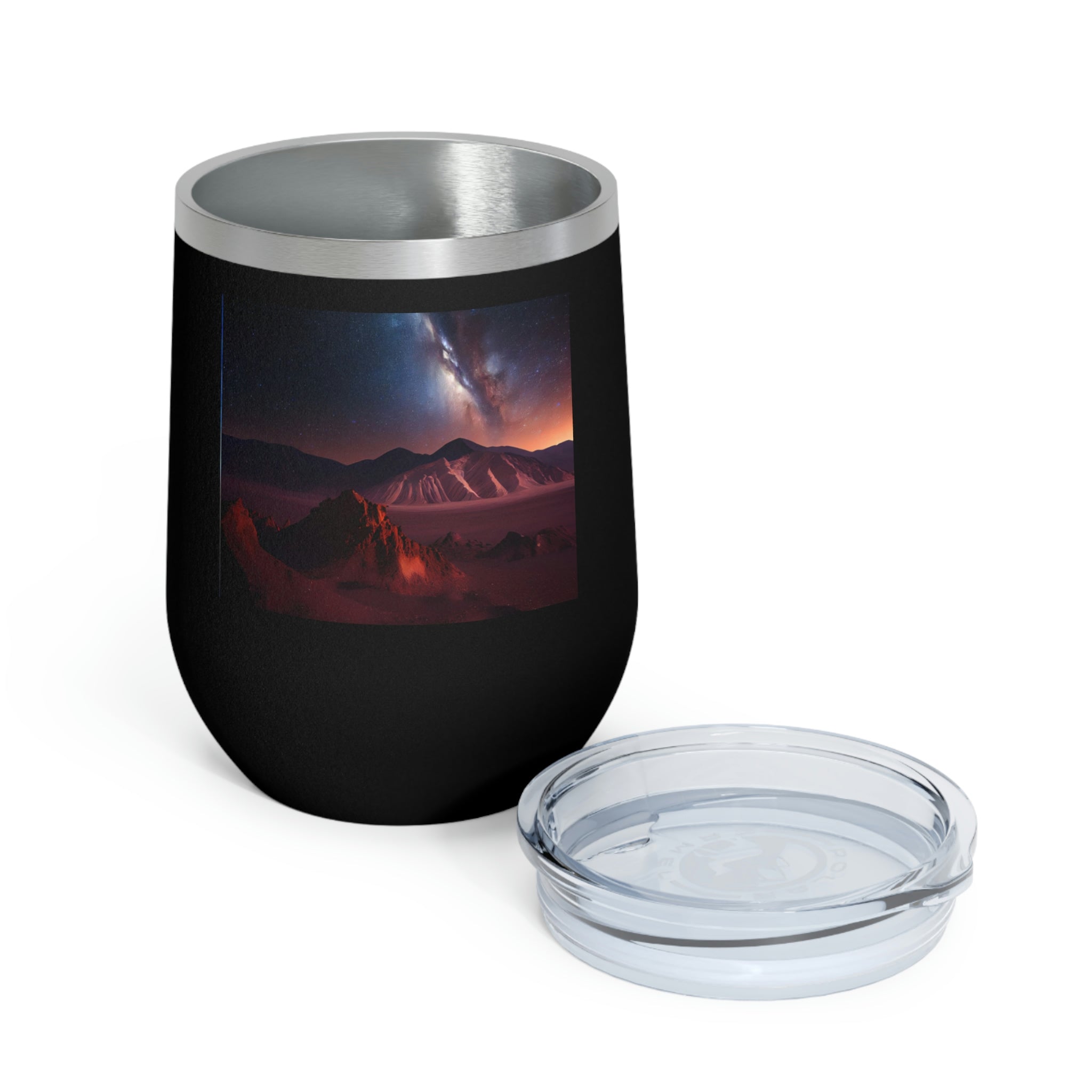 Milky Galaxy Wine Tumbler with a stylish design, clear lid, and double-wall insulation, perfect for hot and cold beverages.