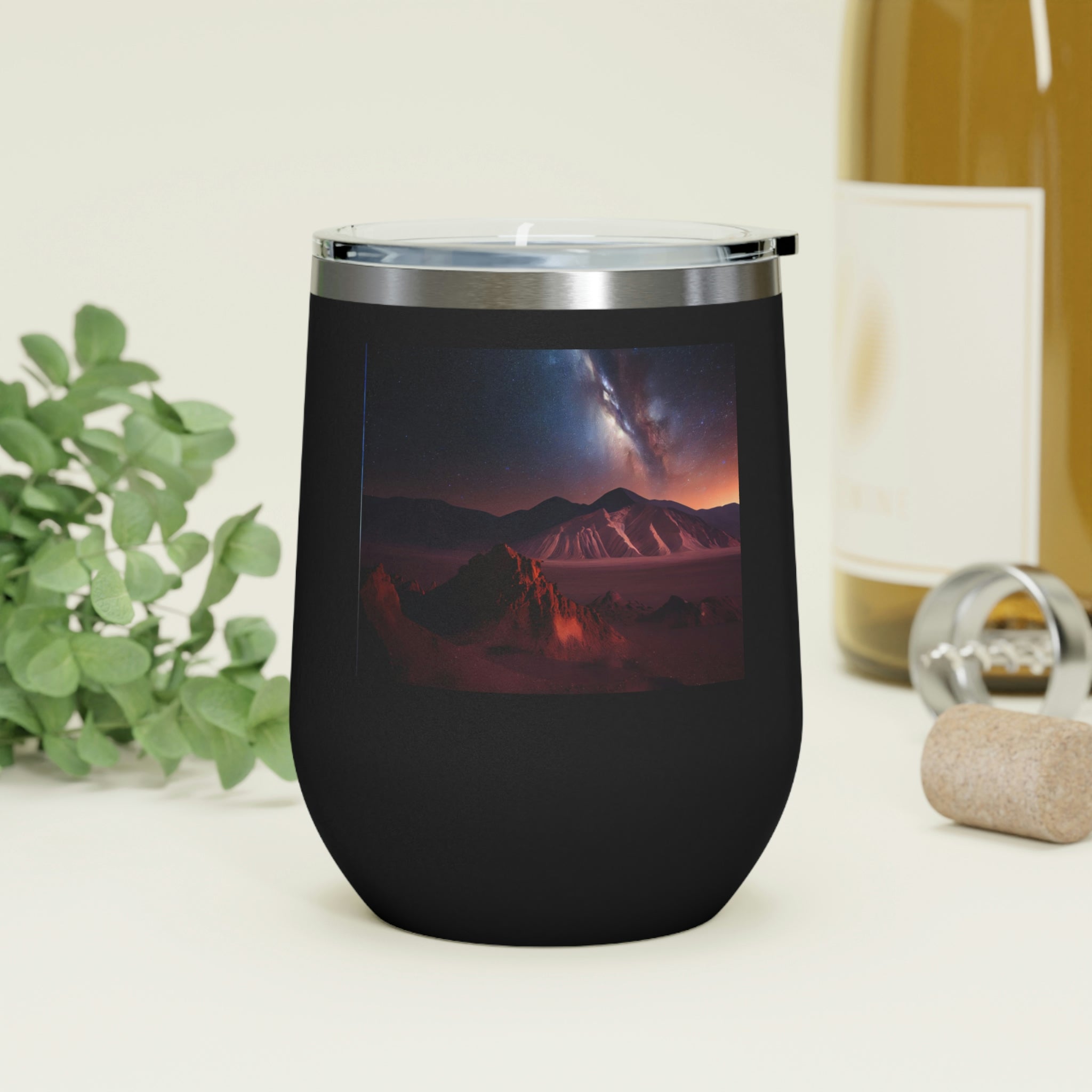 Milky Galaxy Wine Tumbler with a stylish design, clear lid, and double-wall insulation, perfect for hot and cold beverages.