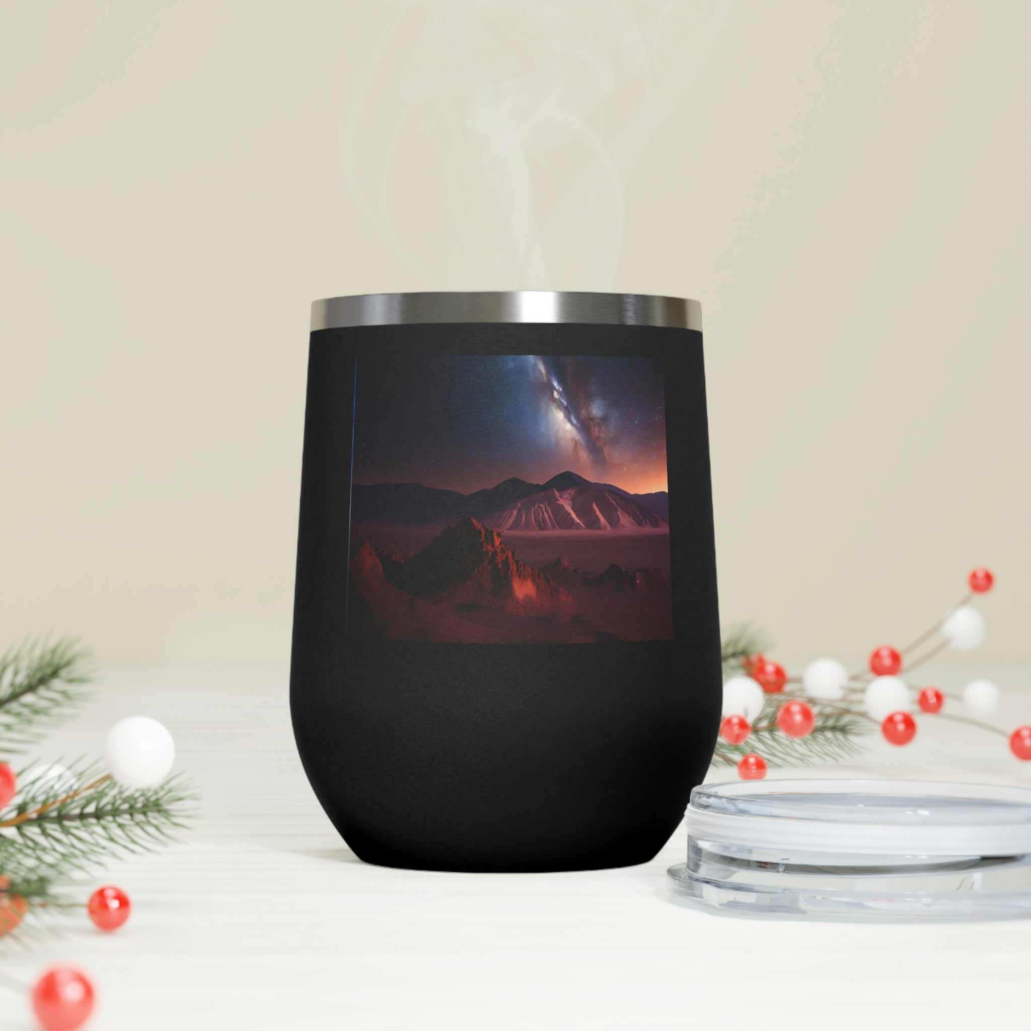 Milky Galaxy Wine Tumbler with a stylish design, clear lid, and double-wall insulation, perfect for hot and cold beverages.