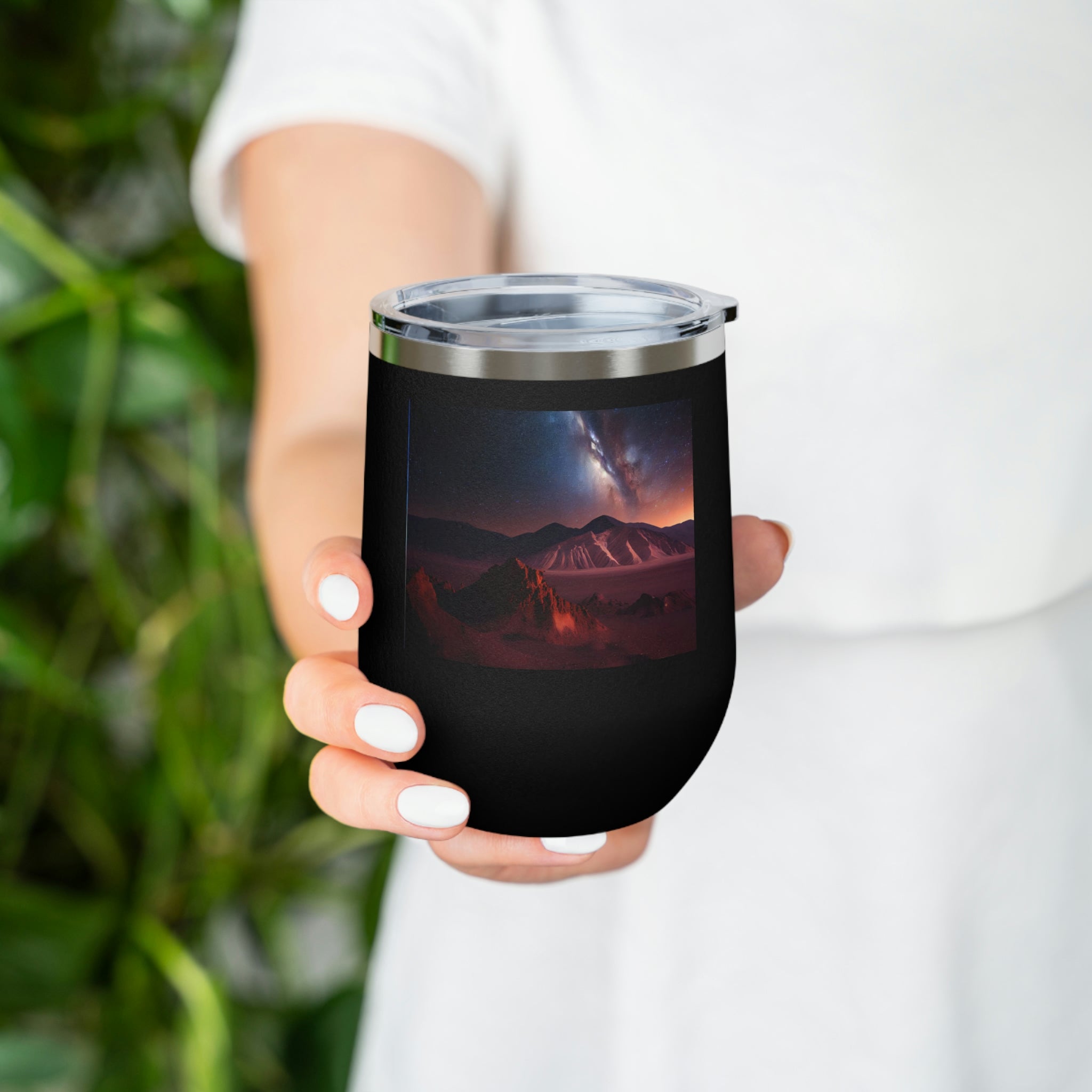 Milky Galaxy Wine Tumbler with a stylish design, clear lid, and double-wall insulation, perfect for hot and cold beverages.