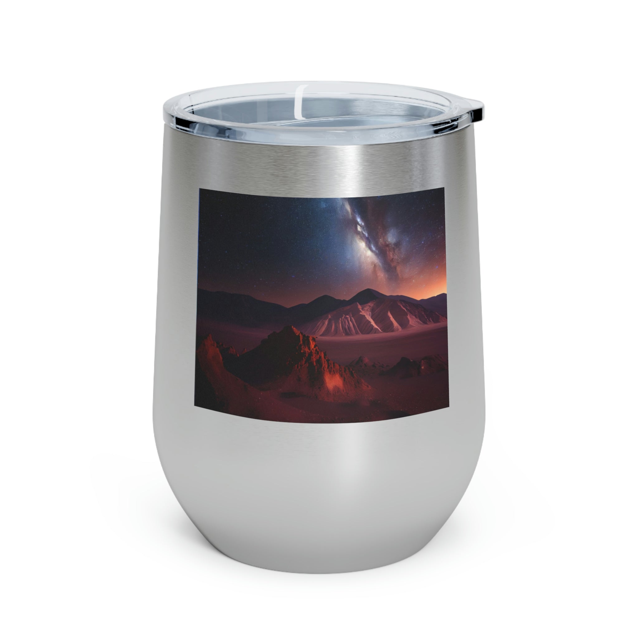 Milky Galaxy Wine Tumbler with a stylish design, clear lid, and double-wall insulation, perfect for hot and cold beverages.