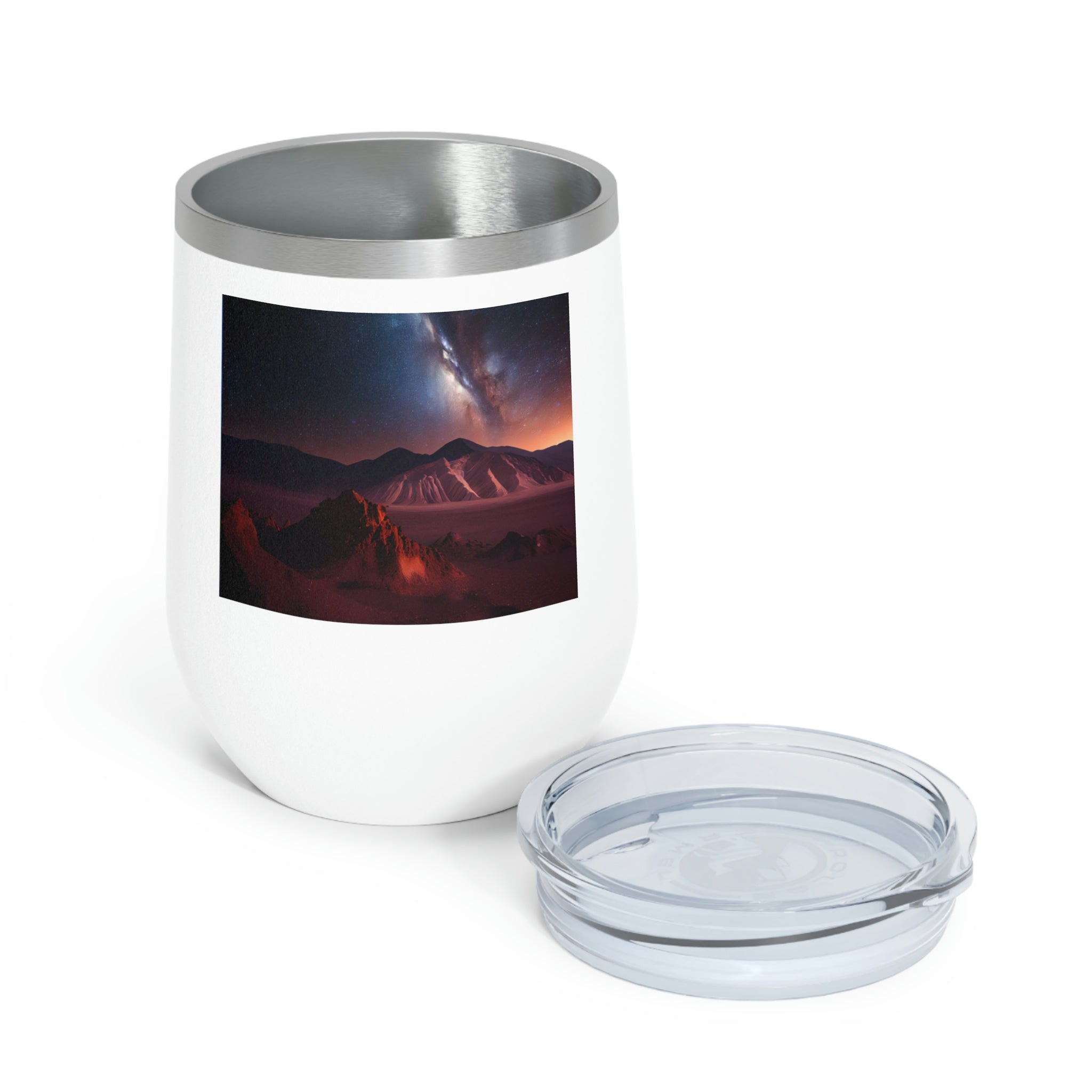 Milky Galaxy Wine Tumbler with a stylish design, clear lid, and double-wall insulation, perfect for hot and cold beverages.