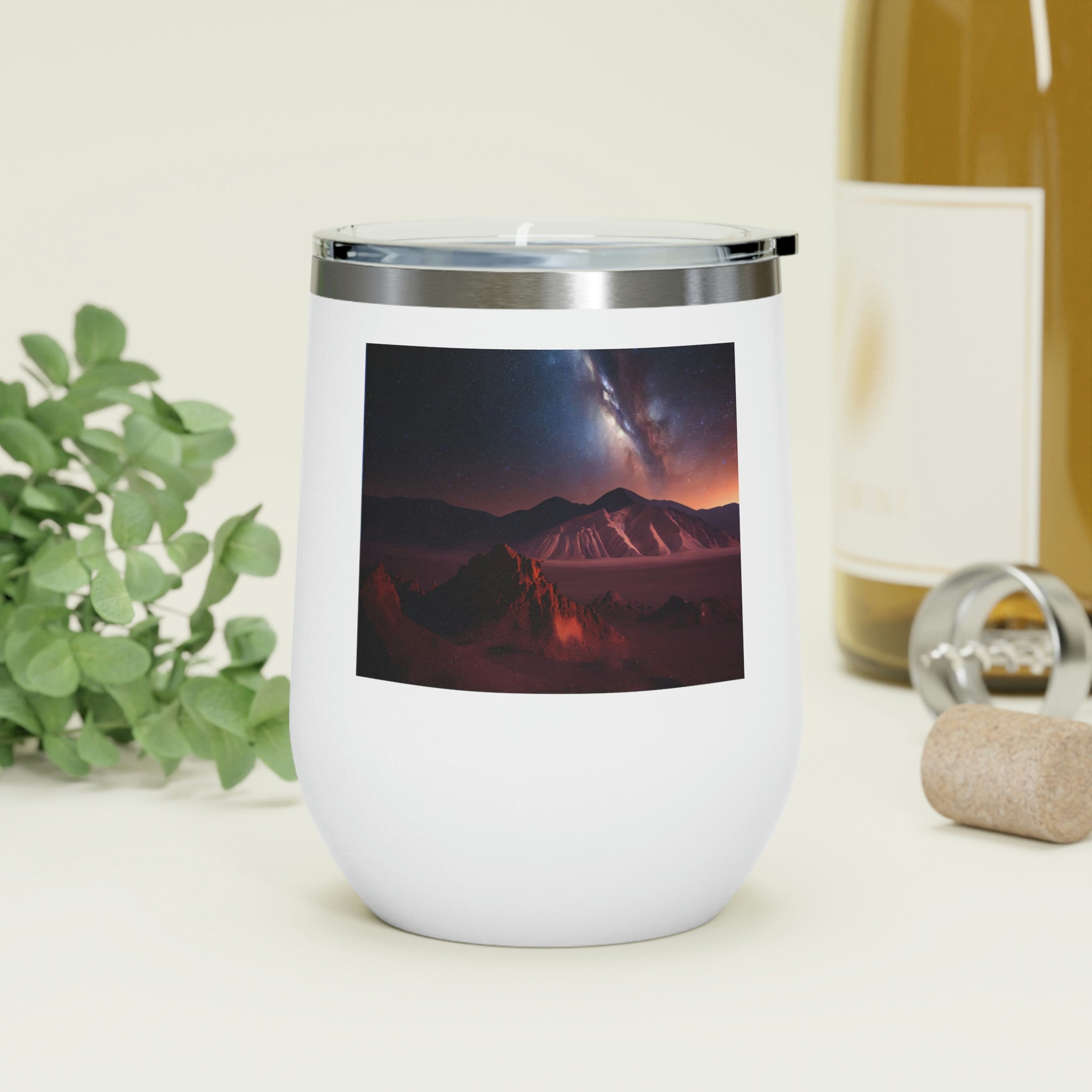 Milky Galaxy Wine Tumbler with a stylish design, clear lid, and double-wall insulation, perfect for hot and cold beverages.