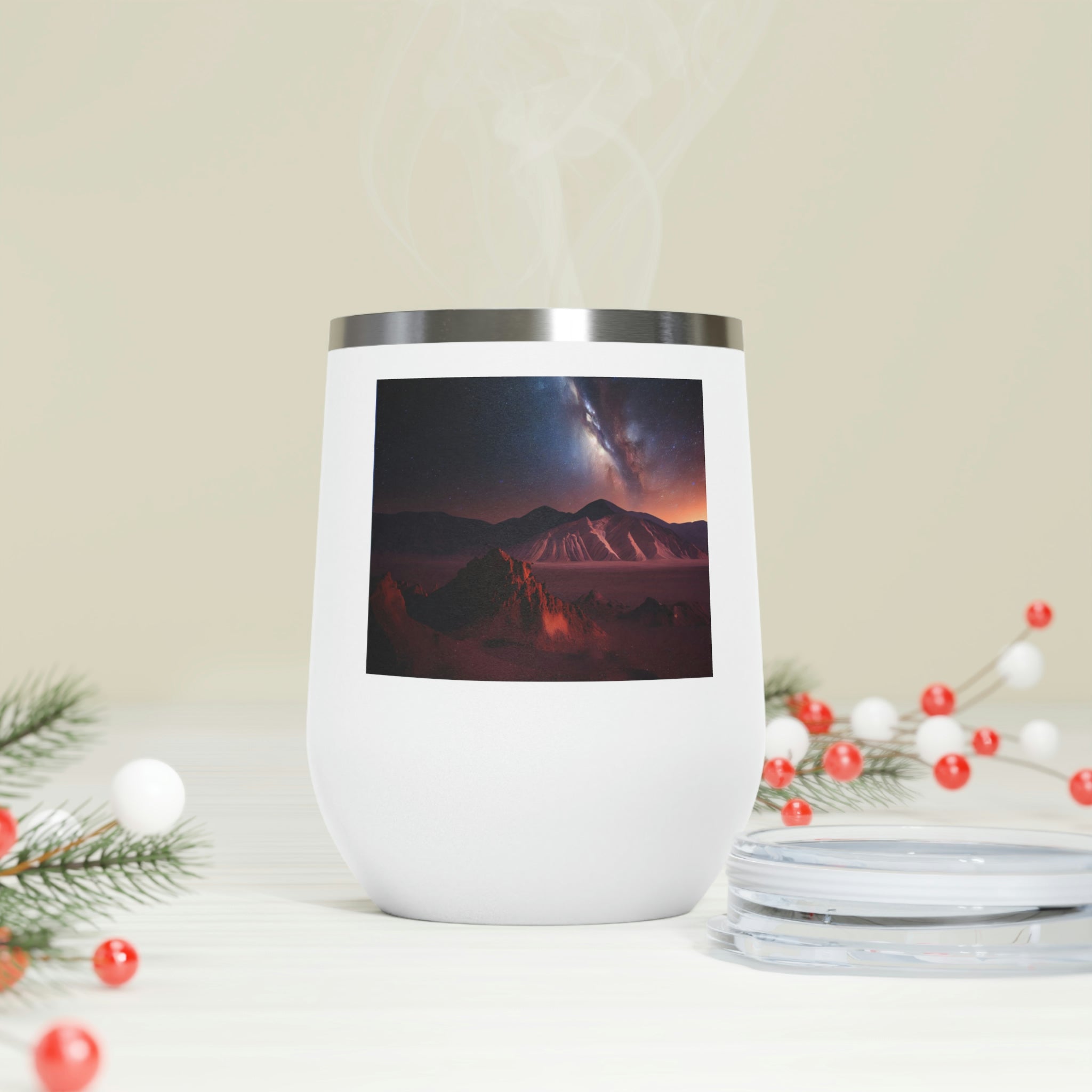 Milky Galaxy Wine Tumbler with a stylish design, clear lid, and double-wall insulation, perfect for hot and cold beverages.