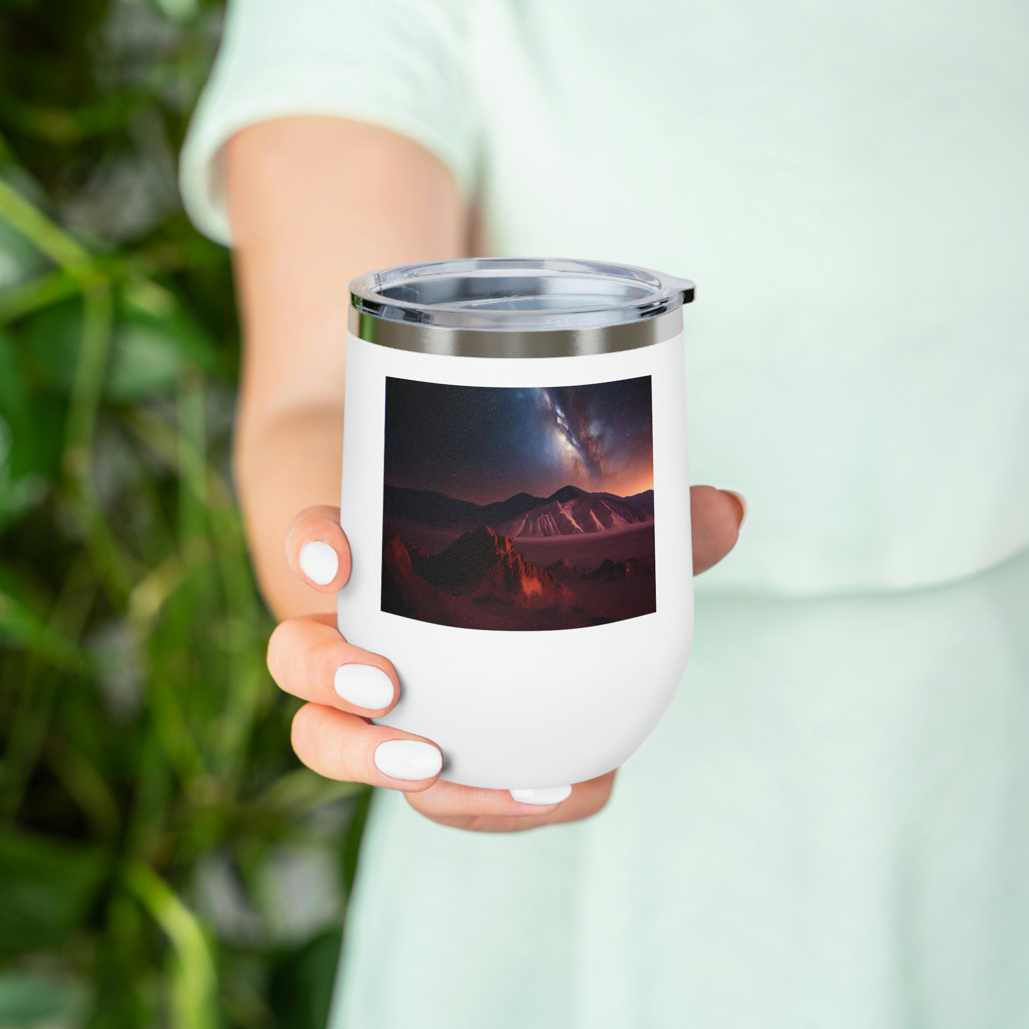 Milky Galaxy Wine Tumbler with a stylish design, clear lid, and double-wall insulation, perfect for hot and cold beverages.