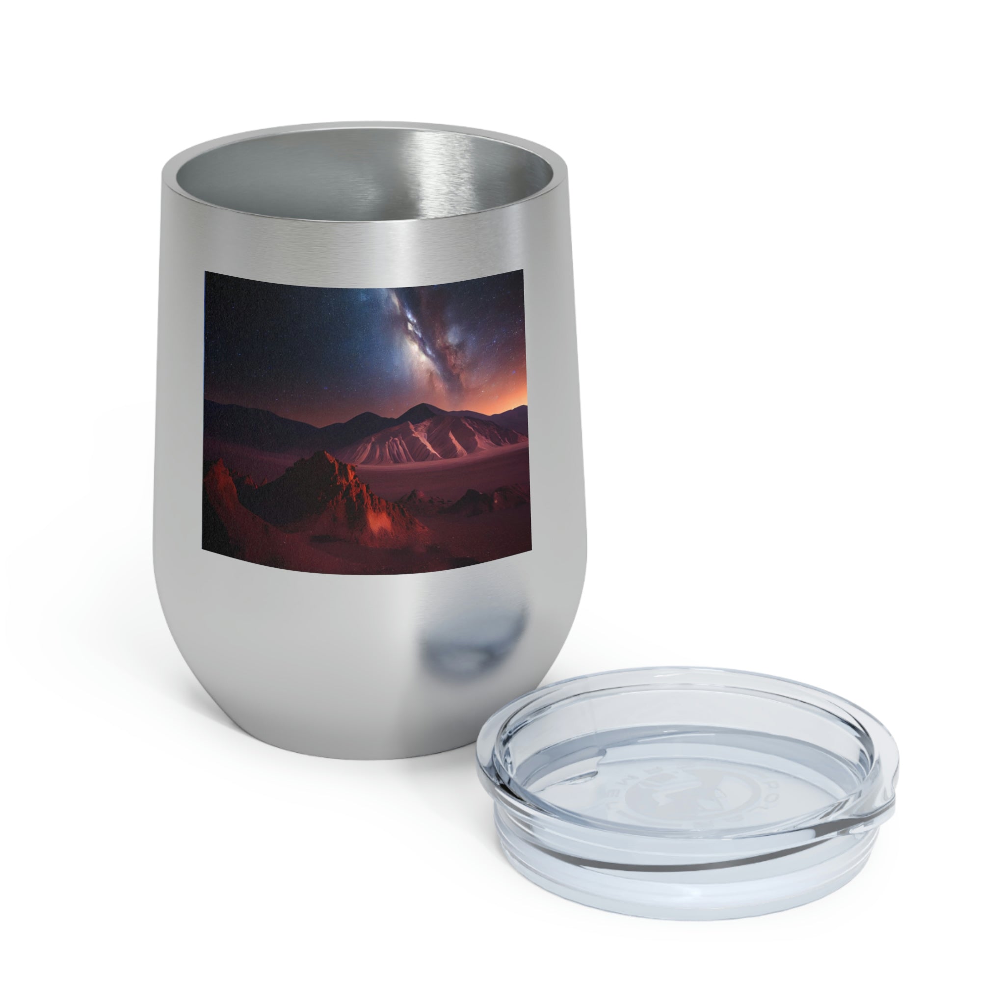 Milky Galaxy Wine Tumbler with a stylish design, clear lid, and double-wall insulation, perfect for hot and cold beverages.