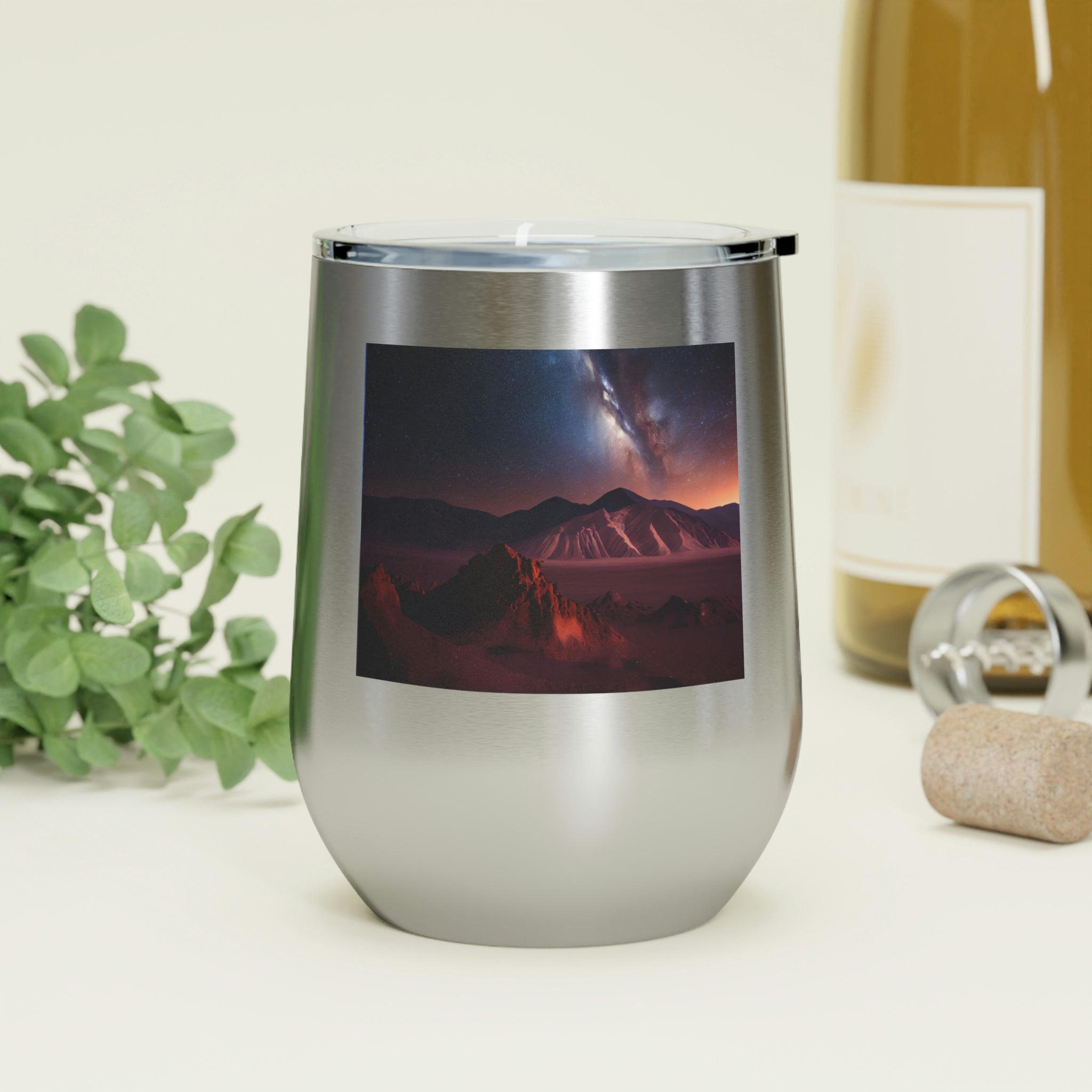 Milky Galaxy Wine Tumbler with a stylish design, clear lid, and double-wall insulation, perfect for hot and cold beverages.