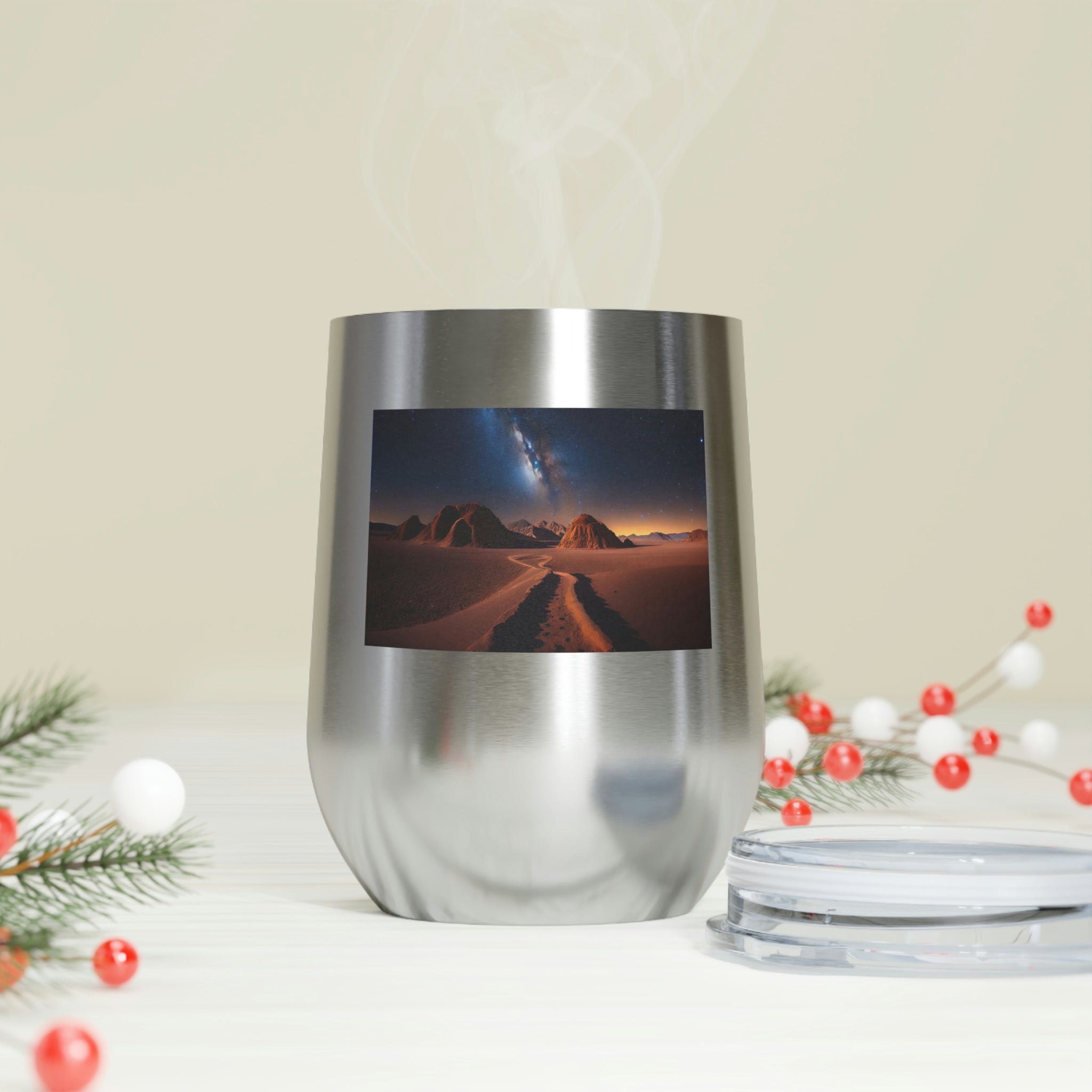 Milky Galaxy Wine Tumbler featuring a vibrant galaxy design, double-wall insulation, and a clear plastic lid for easy sipping.