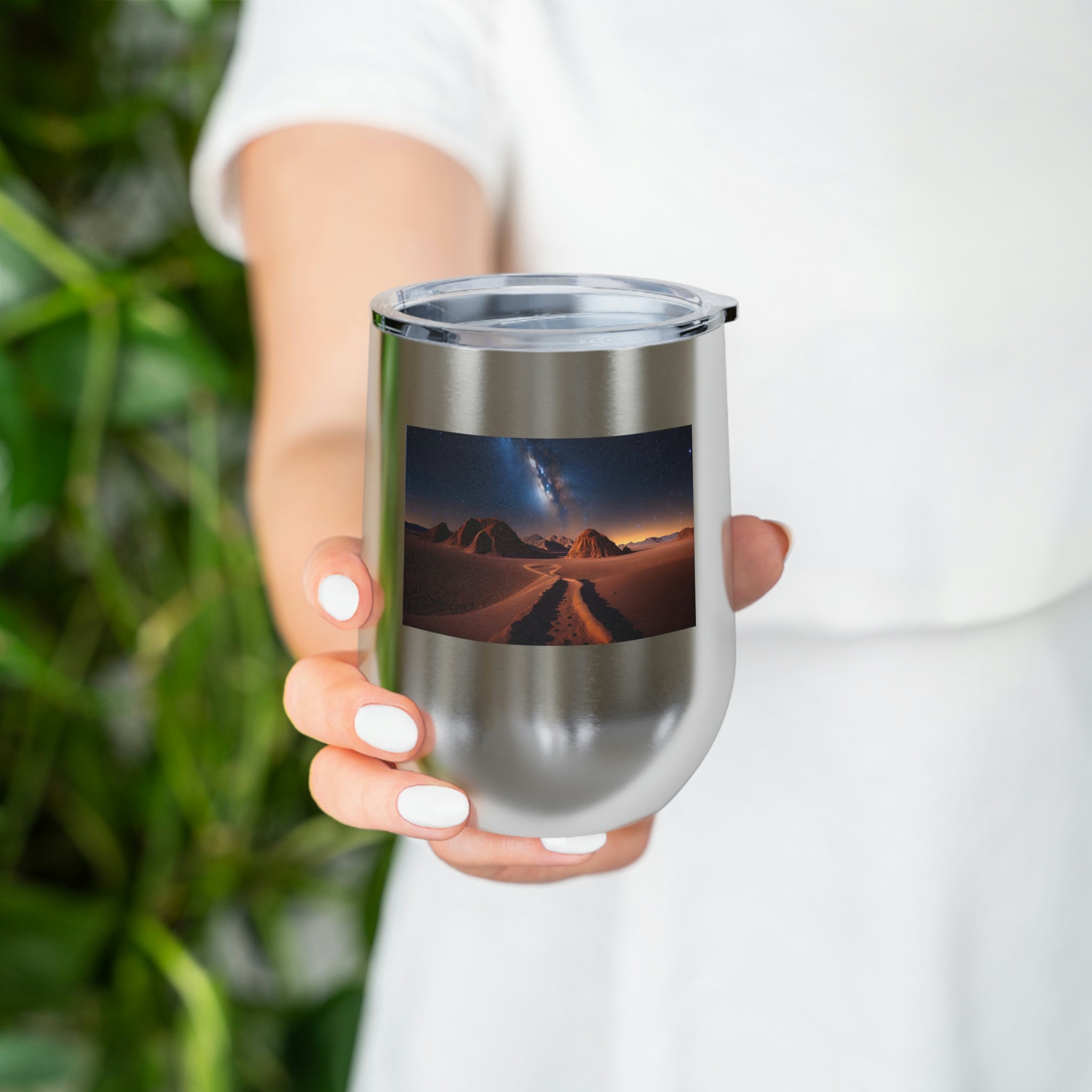 Milky Galaxy Wine Tumbler featuring a vibrant galaxy design, double-wall insulation, and a clear plastic lid for easy sipping.