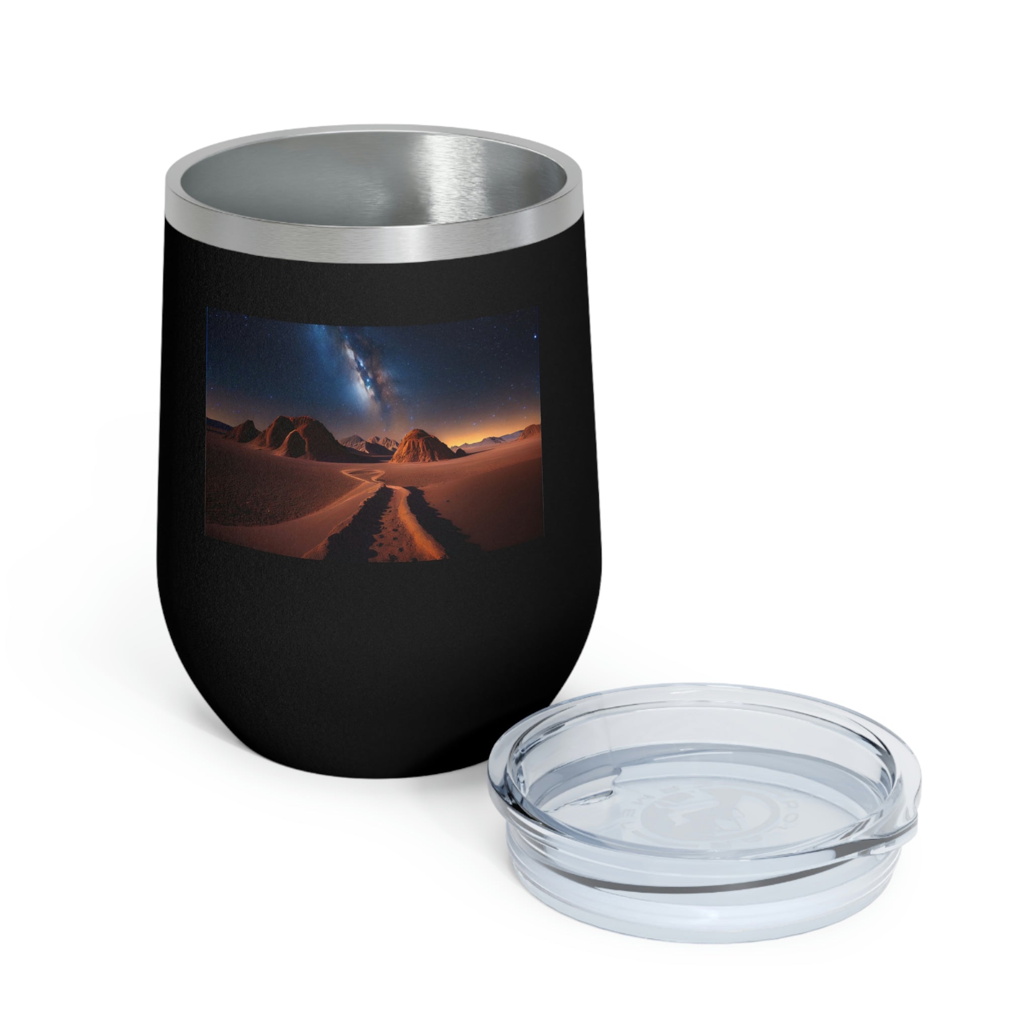 Milky Galaxy Wine Tumbler featuring a vibrant galaxy design, double-wall insulation, and a clear plastic lid for easy sipping.