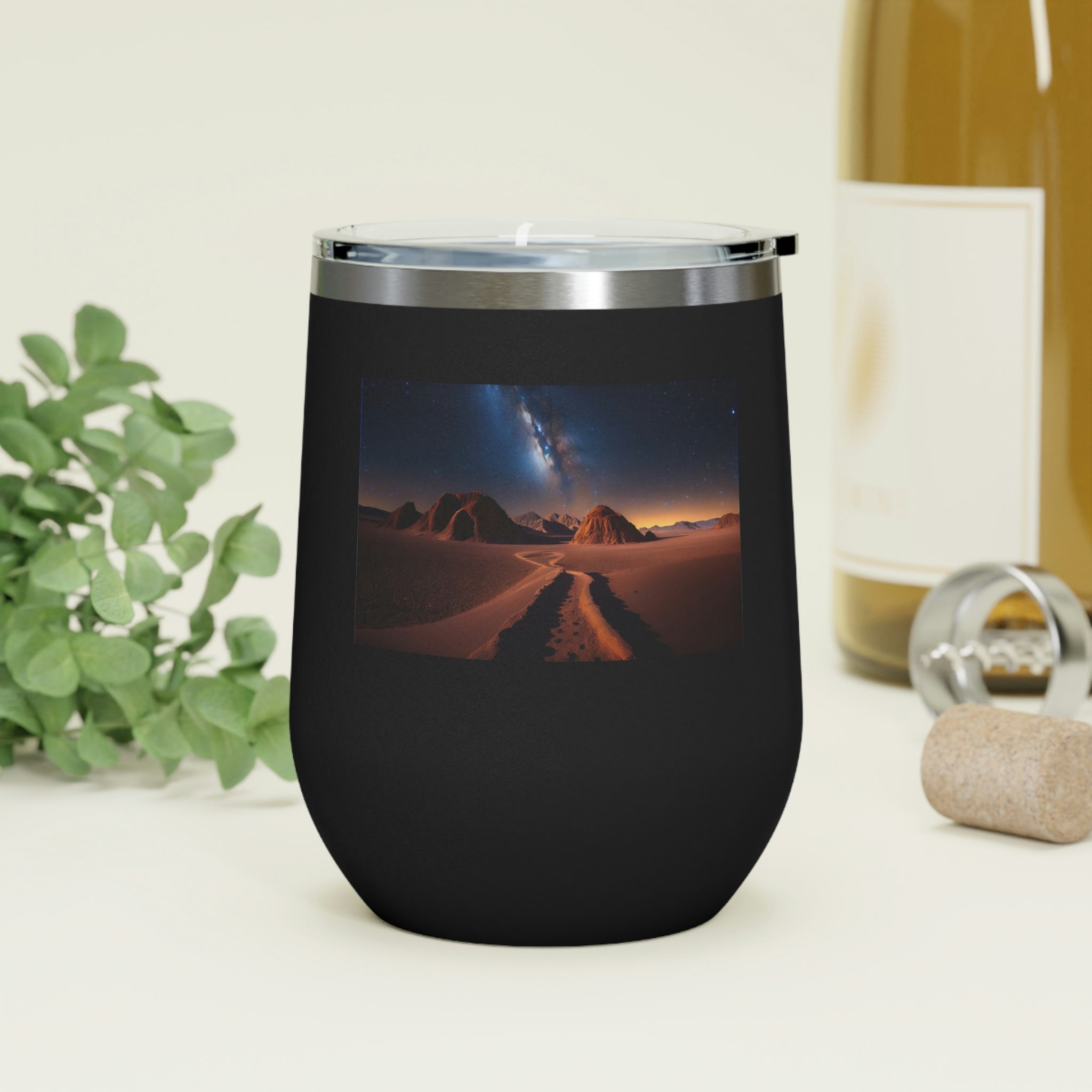 Milky Galaxy Wine Tumbler featuring a vibrant galaxy design, double-wall insulation, and a clear plastic lid for easy sipping.