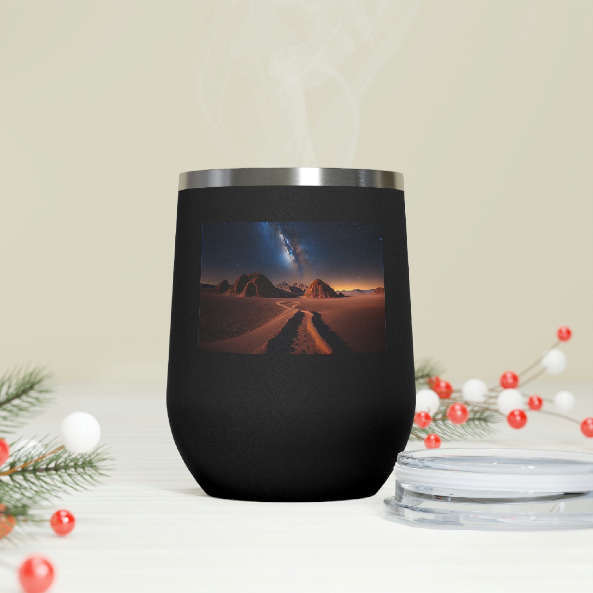 Milky Galaxy Wine Tumbler featuring a vibrant galaxy design, double-wall insulation, and a clear plastic lid for easy sipping.