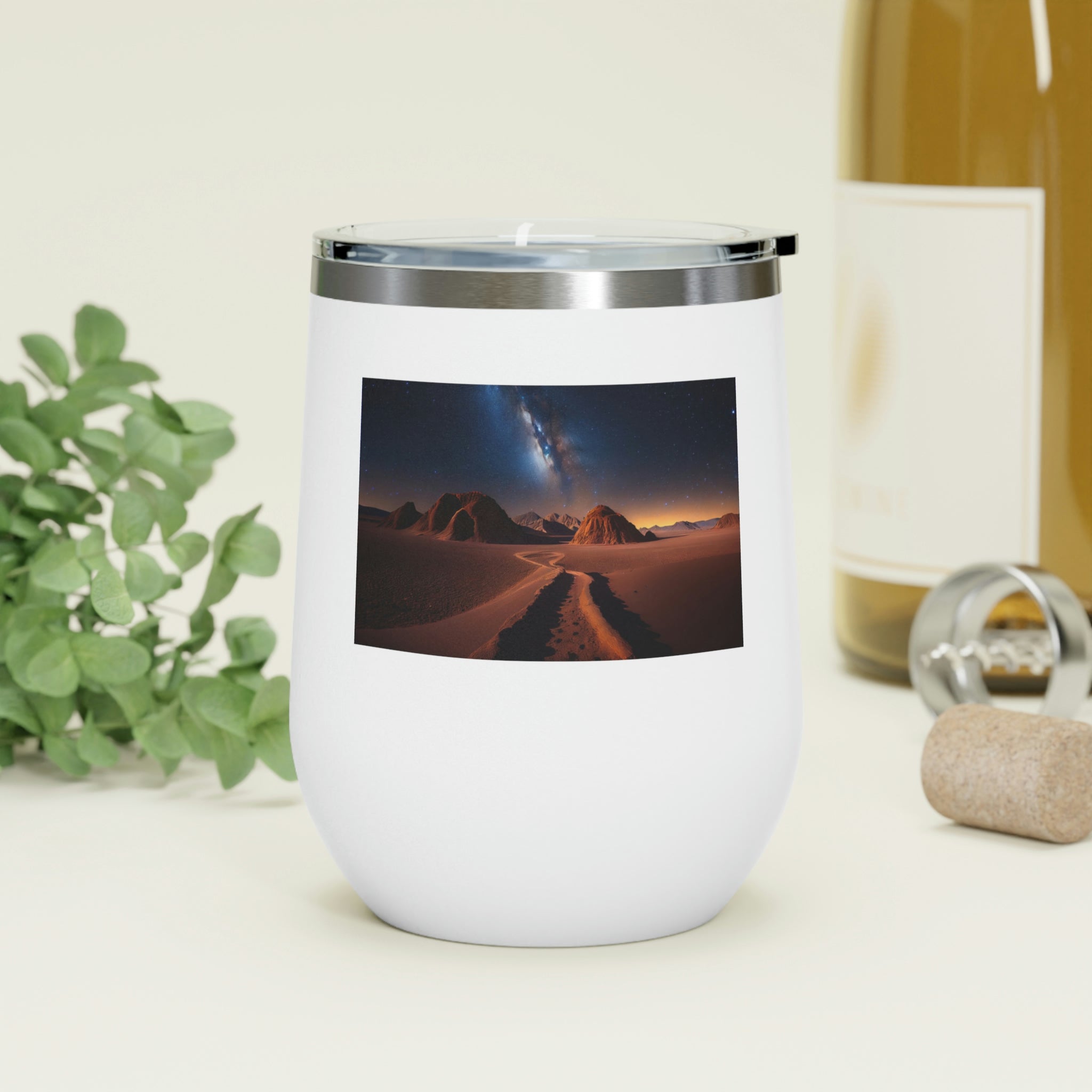 Milky Galaxy Wine Tumbler featuring a vibrant galaxy design, double-wall insulation, and a clear plastic lid for easy sipping.