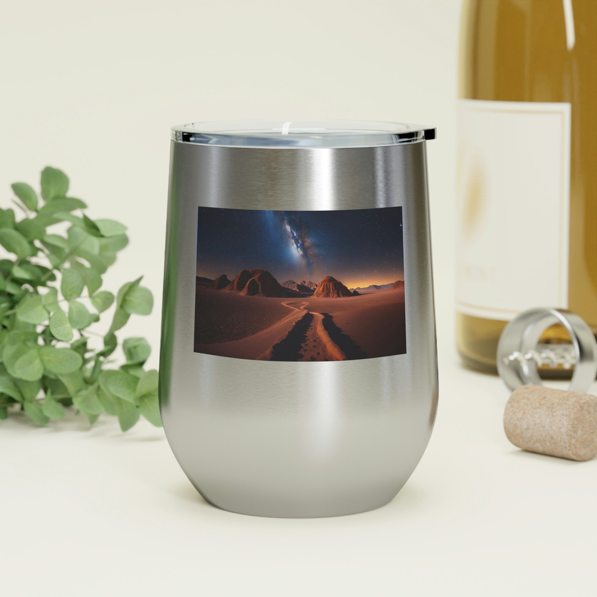 Milky Galaxy Wine Tumbler featuring a vibrant galaxy design, double-wall insulation, and a clear plastic lid for easy sipping.