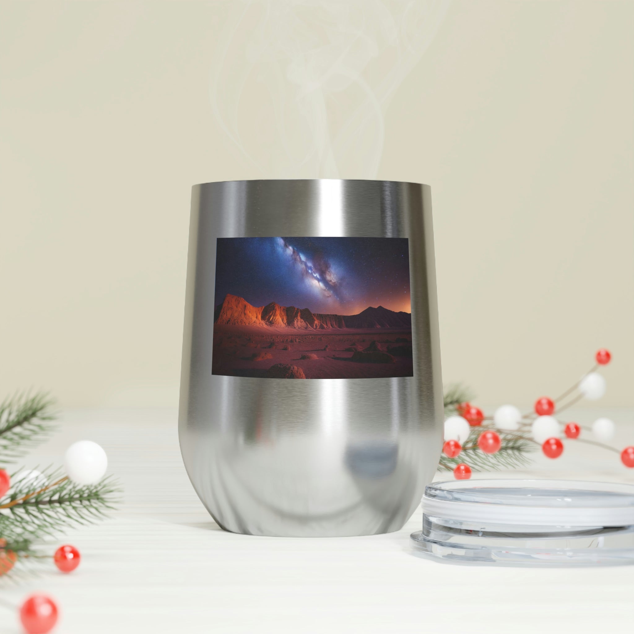 Milky Galaxy Wine Tumbler with a colorful design and clear lid, perfect for hot and cold beverages.