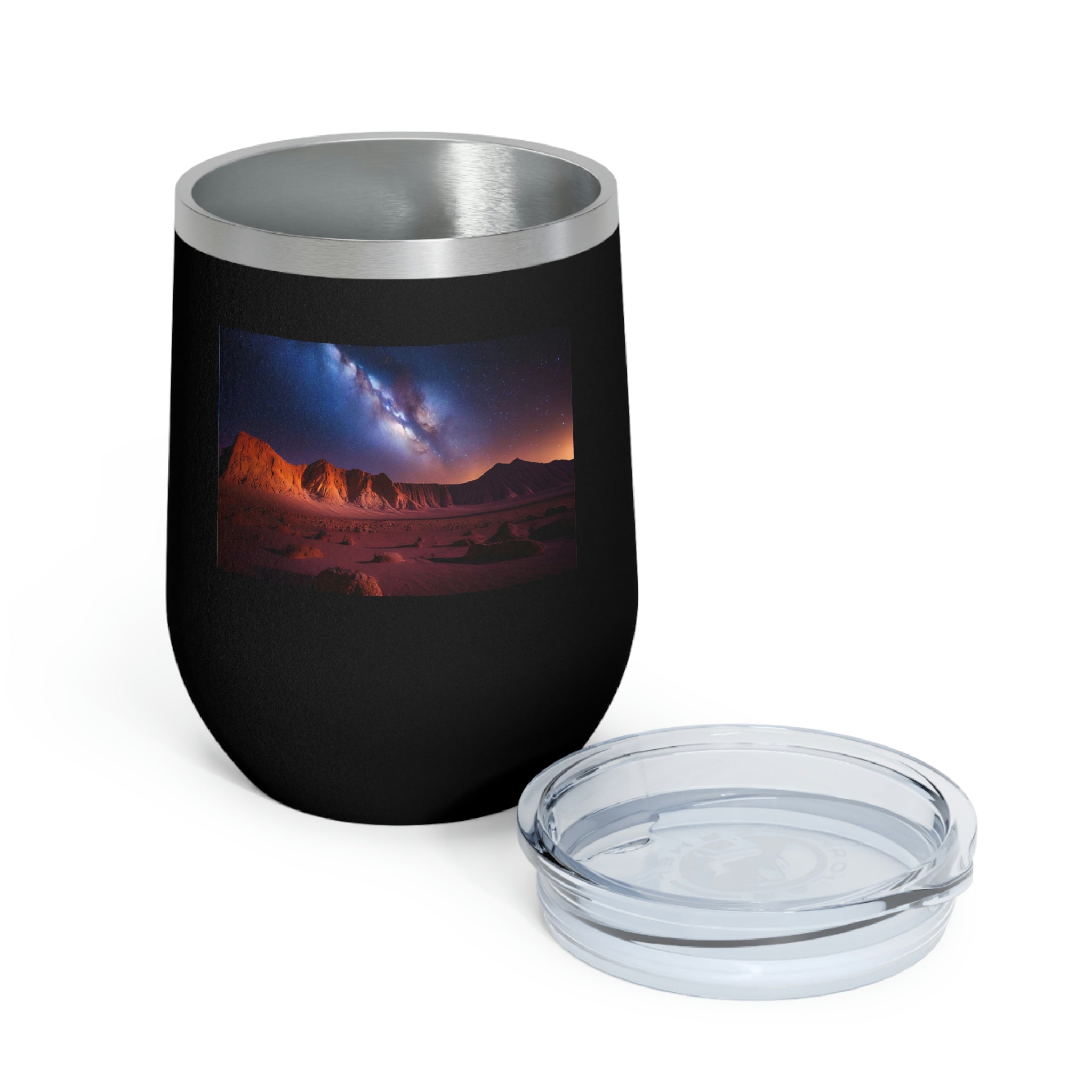 Milky Galaxy Wine Tumbler with a colorful design and clear lid, perfect for hot and cold beverages.