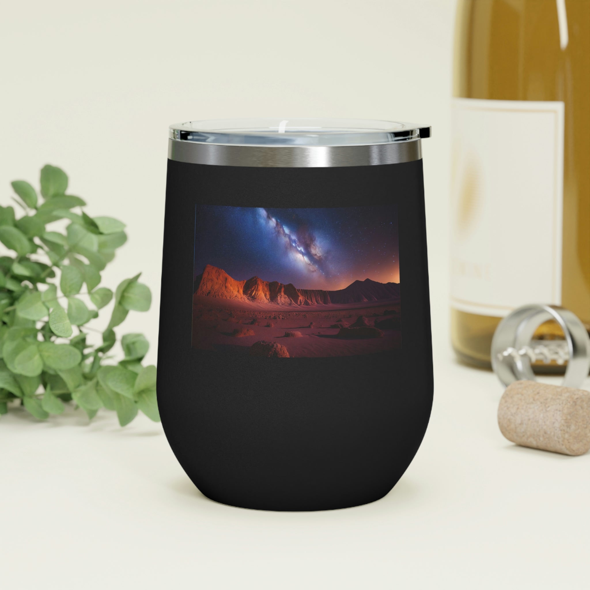 Milky Galaxy Wine Tumbler with a colorful design and clear lid, perfect for hot and cold beverages.