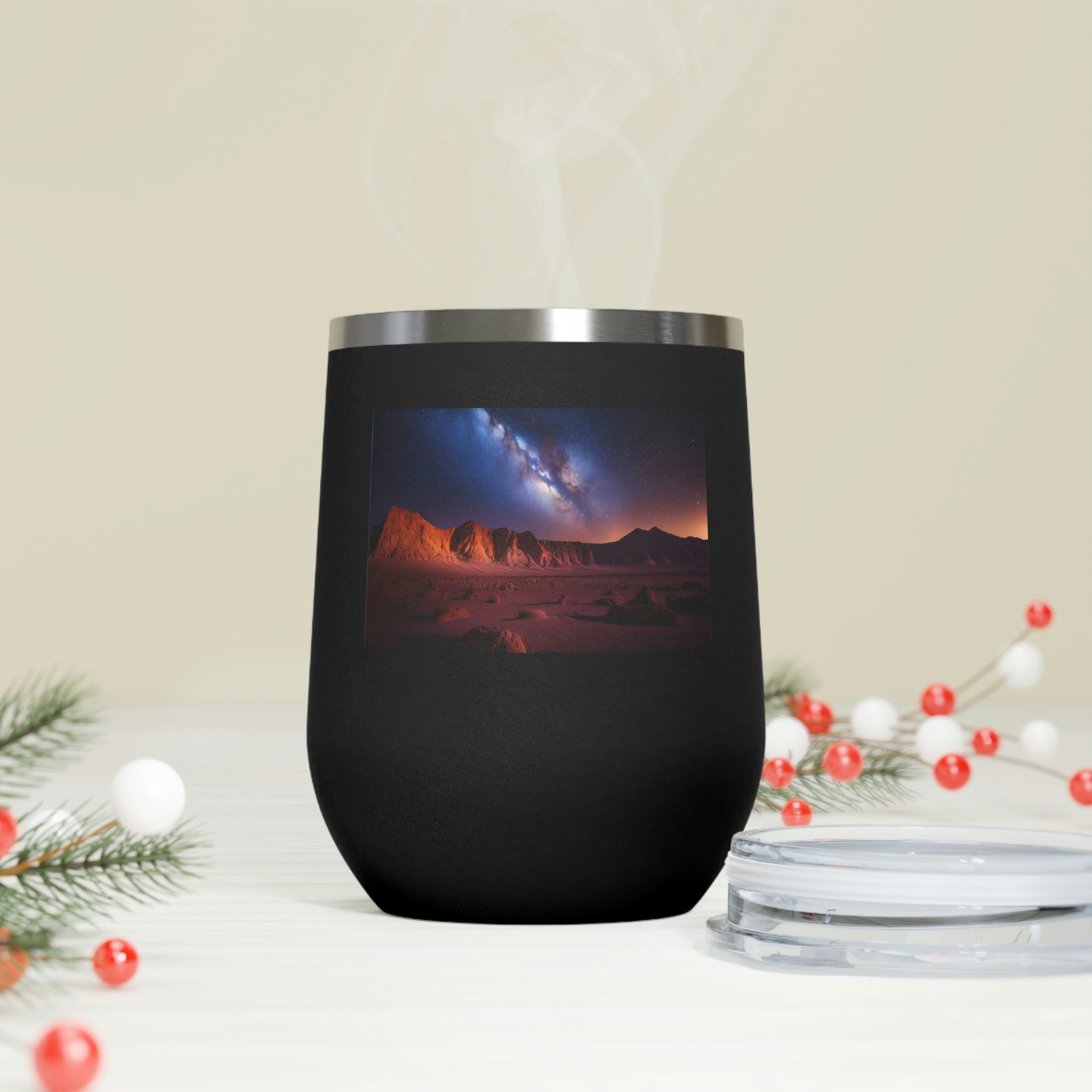 Milky Galaxy Wine Tumbler with a colorful design and clear lid, perfect for hot and cold beverages.