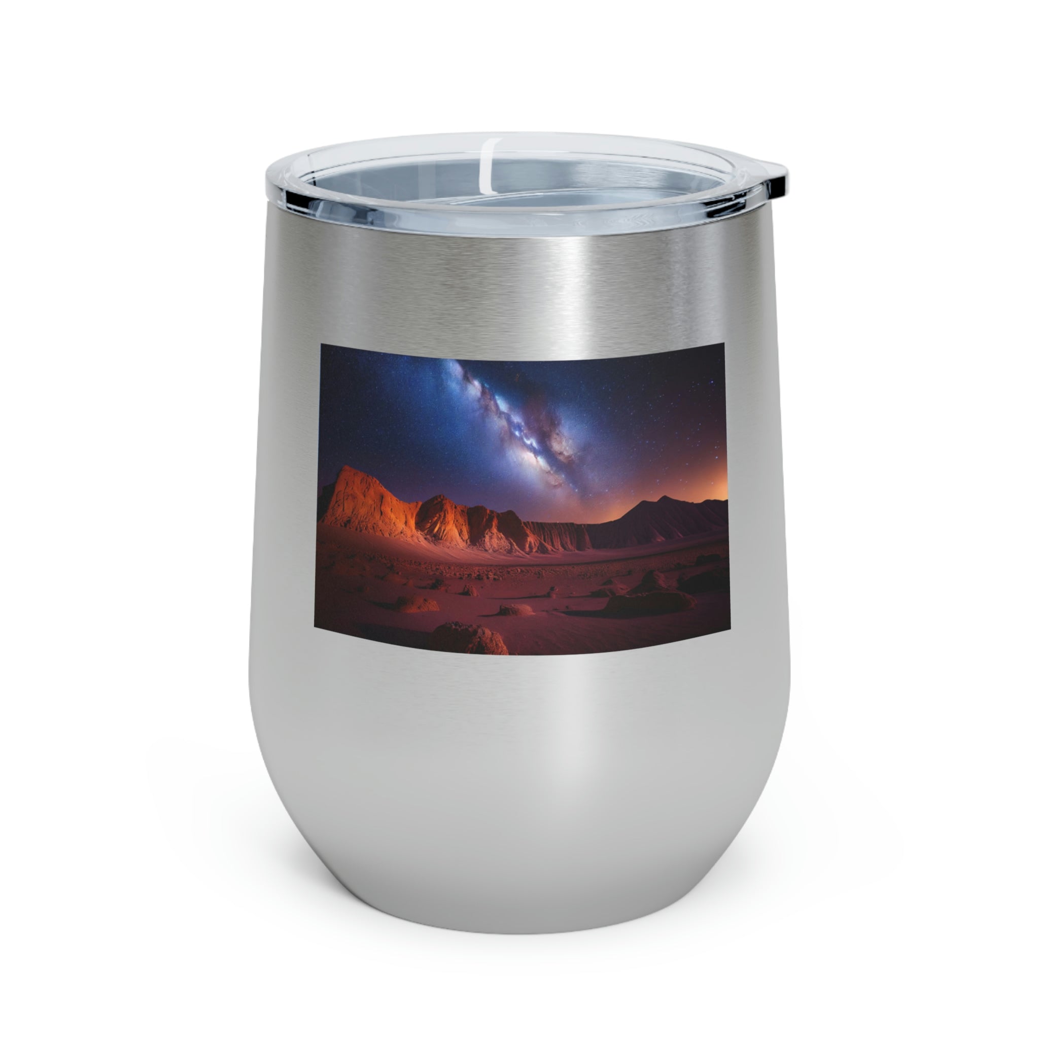 Milky Galaxy Wine Tumbler with a colorful design and clear lid, perfect for hot and cold beverages.