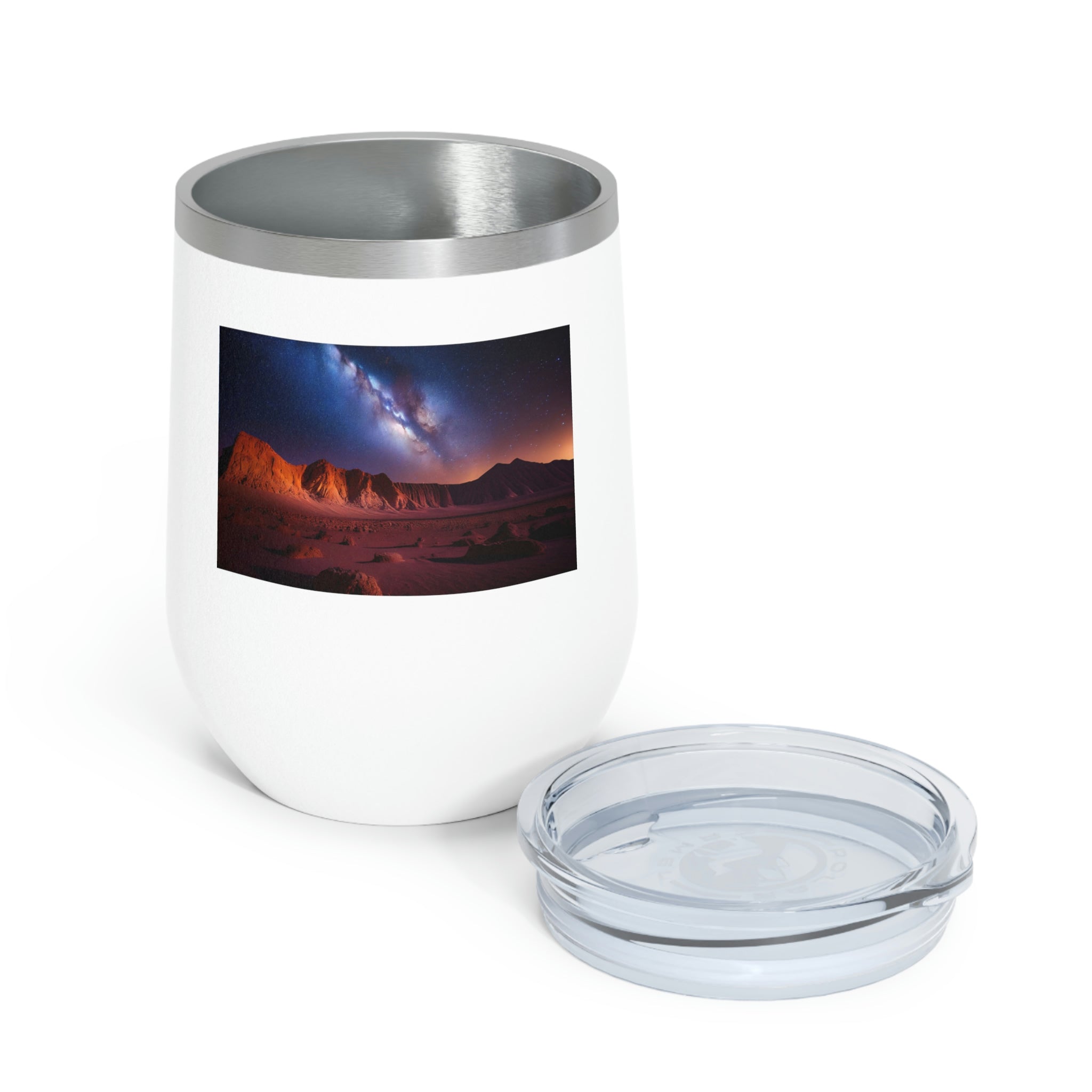 Milky Galaxy Wine Tumbler with a colorful design and clear lid, perfect for hot and cold beverages.