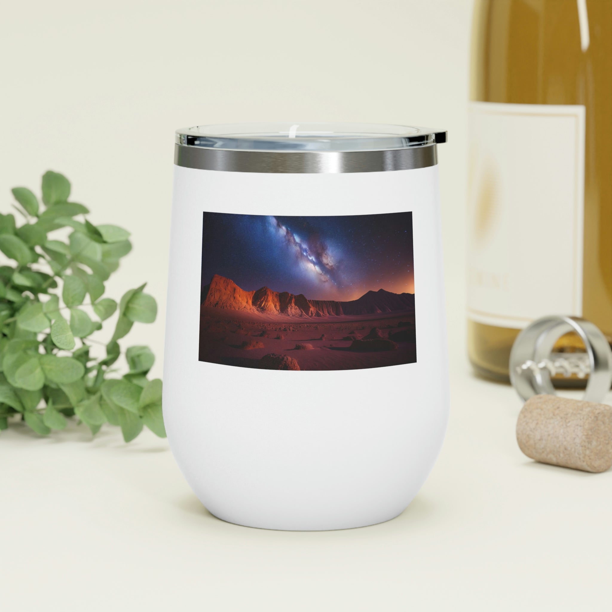 Milky Galaxy Wine Tumbler with a colorful design and clear lid, perfect for hot and cold beverages.