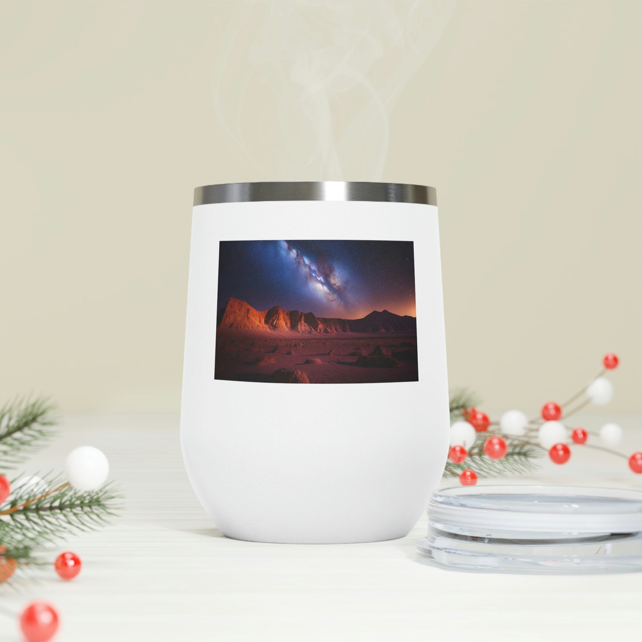 Milky Galaxy Wine Tumbler with a colorful design and clear lid, perfect for hot and cold beverages.