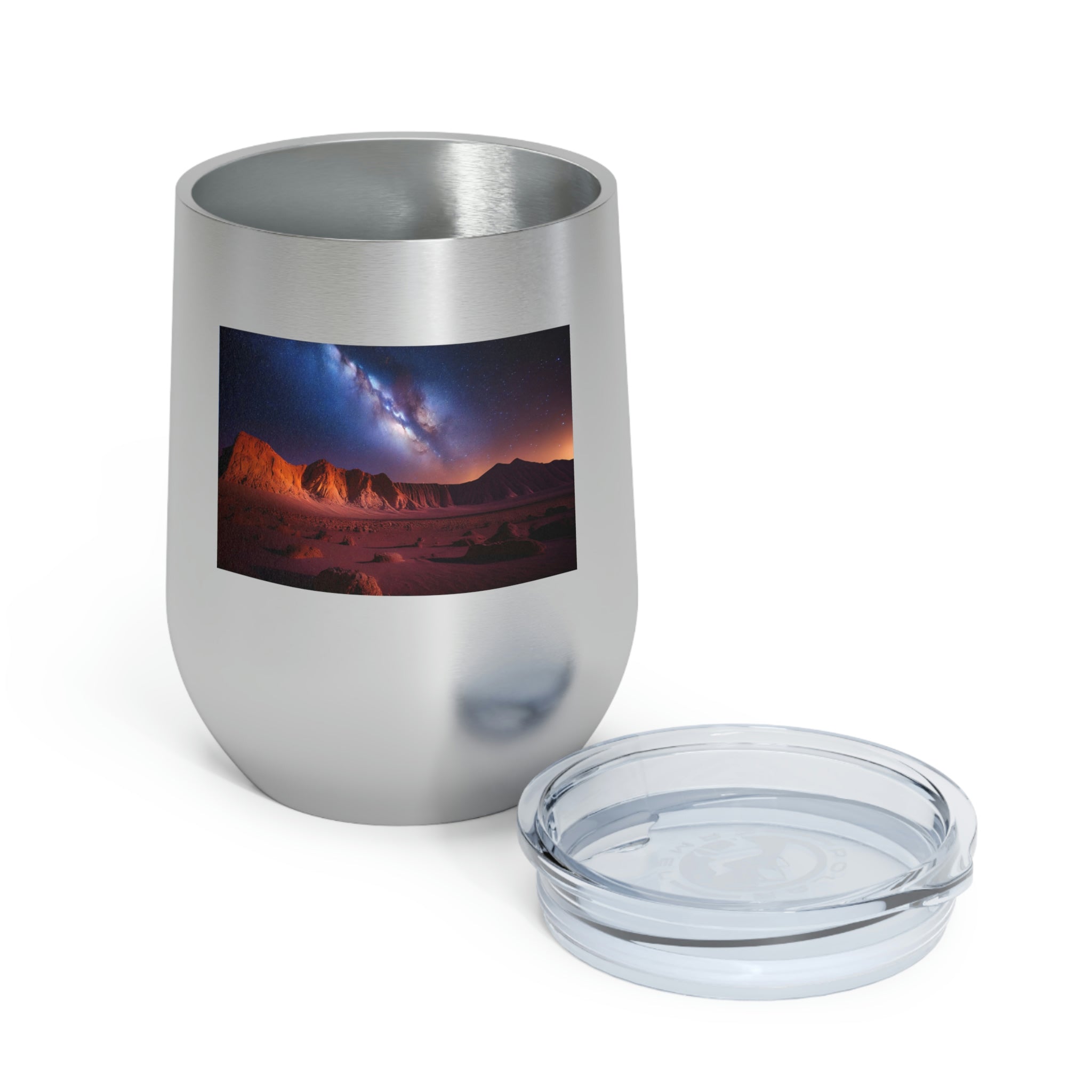 Milky Galaxy Wine Tumbler with a colorful design and clear lid, perfect for hot and cold beverages.