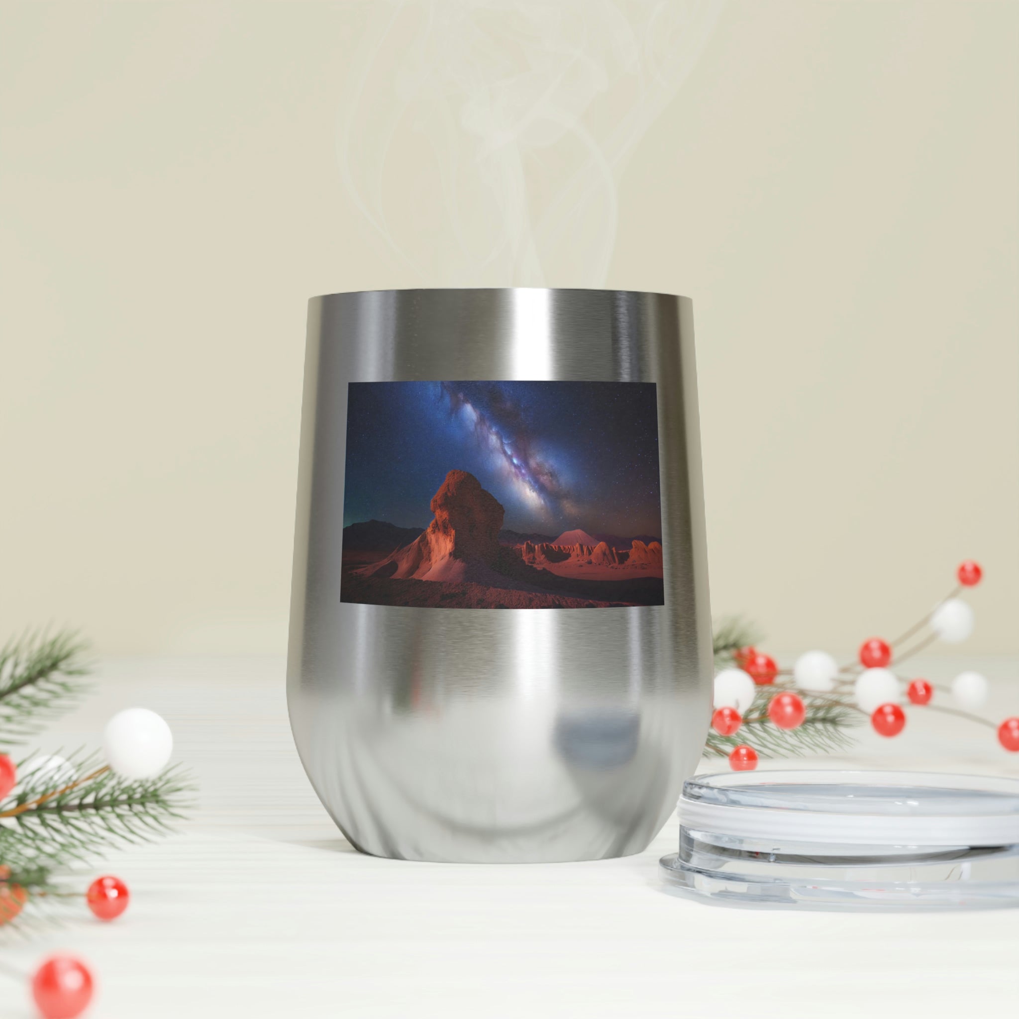 Milky Galaxy Wine Tumbler with a stylish design and clear lid, perfect for hot and cold beverages.