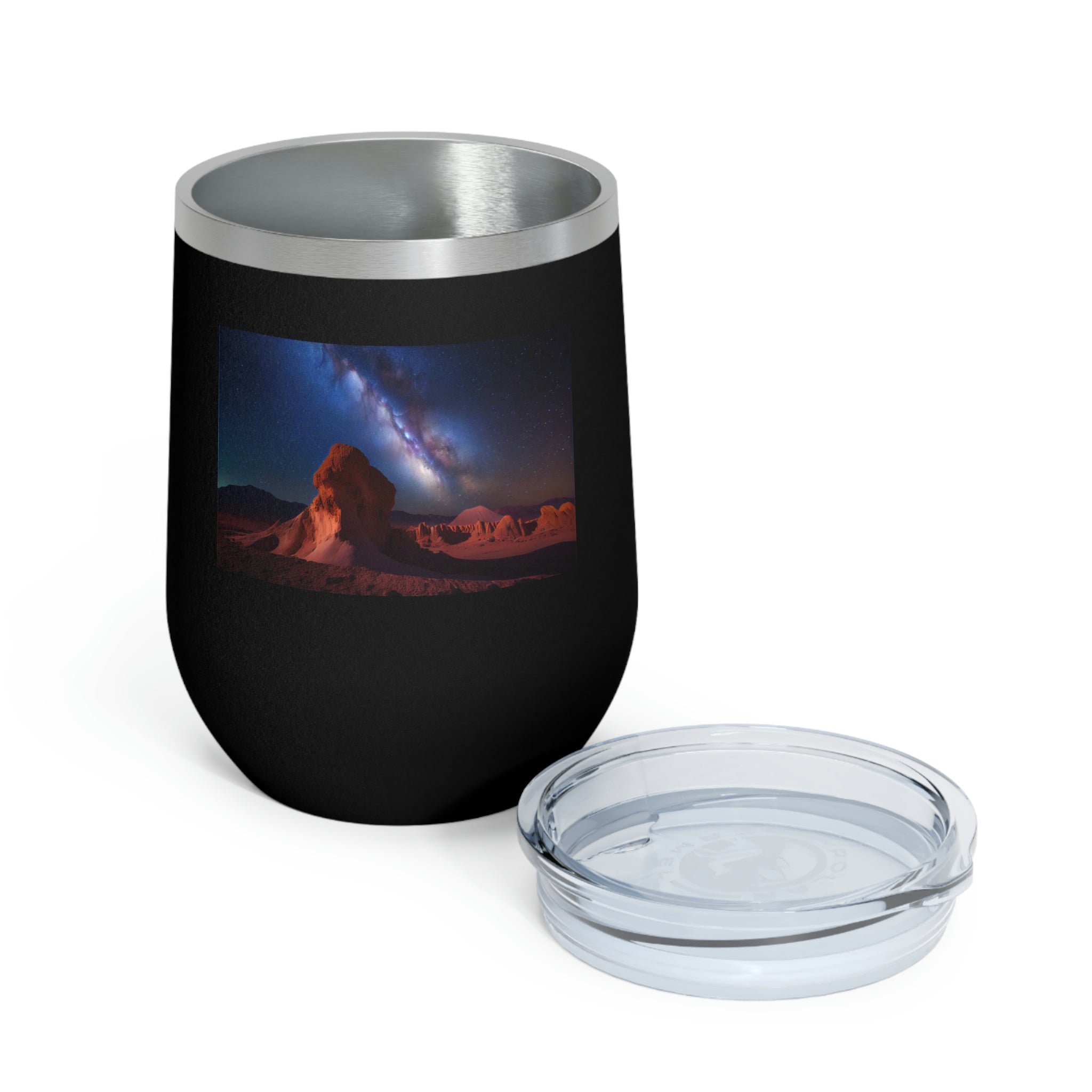 Milky Galaxy Wine Tumbler with a stylish design and clear lid, perfect for hot and cold beverages.