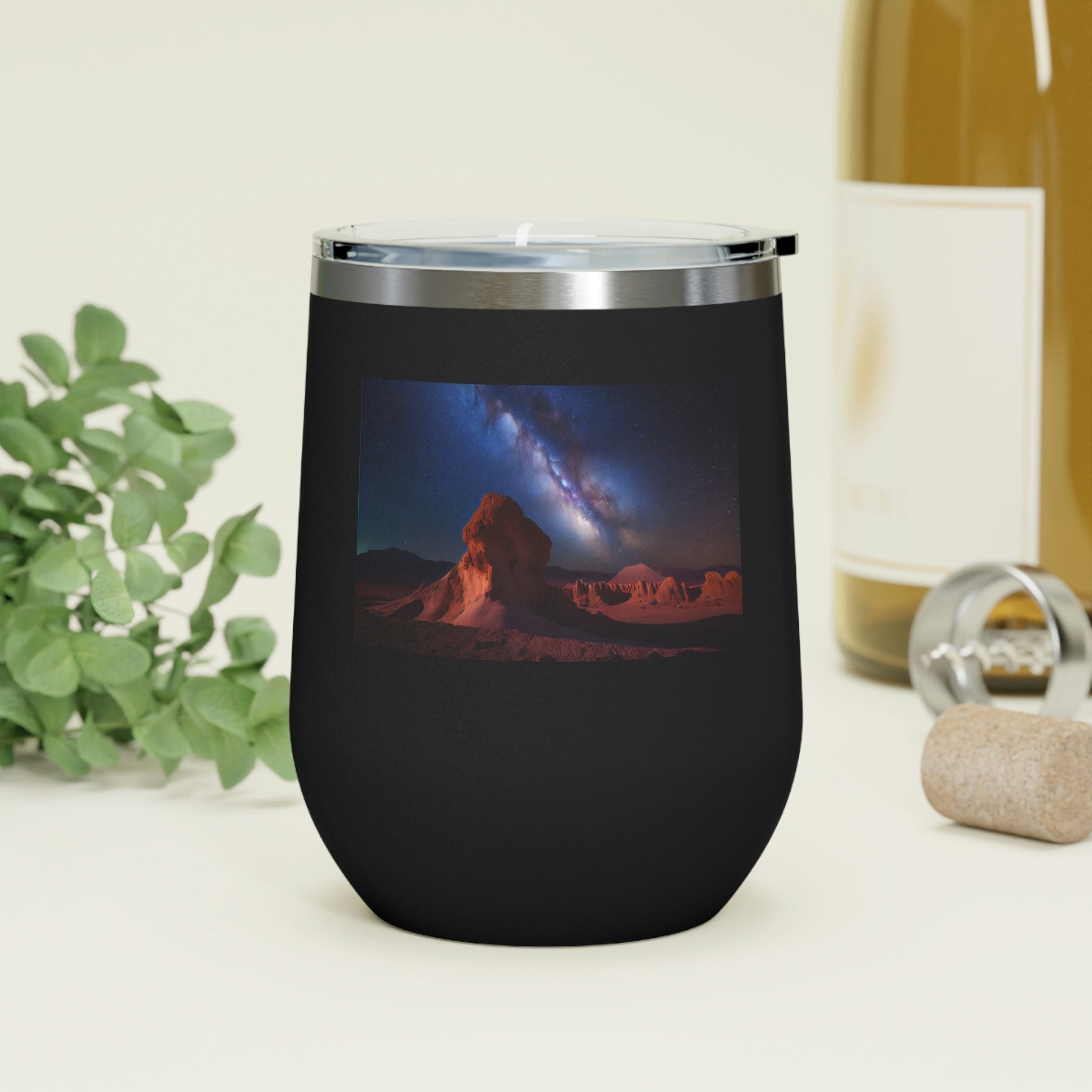 Milky Galaxy Wine Tumbler with a stylish design and clear lid, perfect for hot and cold beverages.