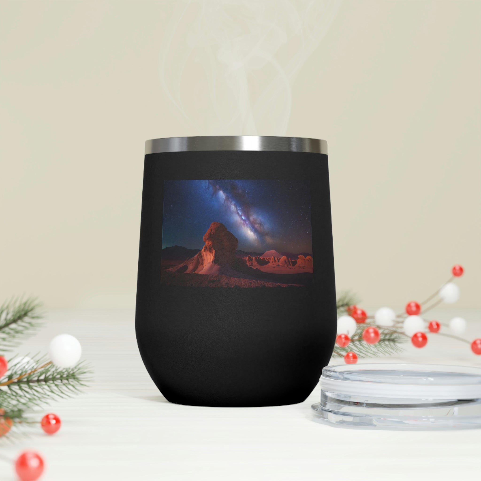 Milky Galaxy Wine Tumbler with a stylish design and clear lid, perfect for hot and cold beverages.