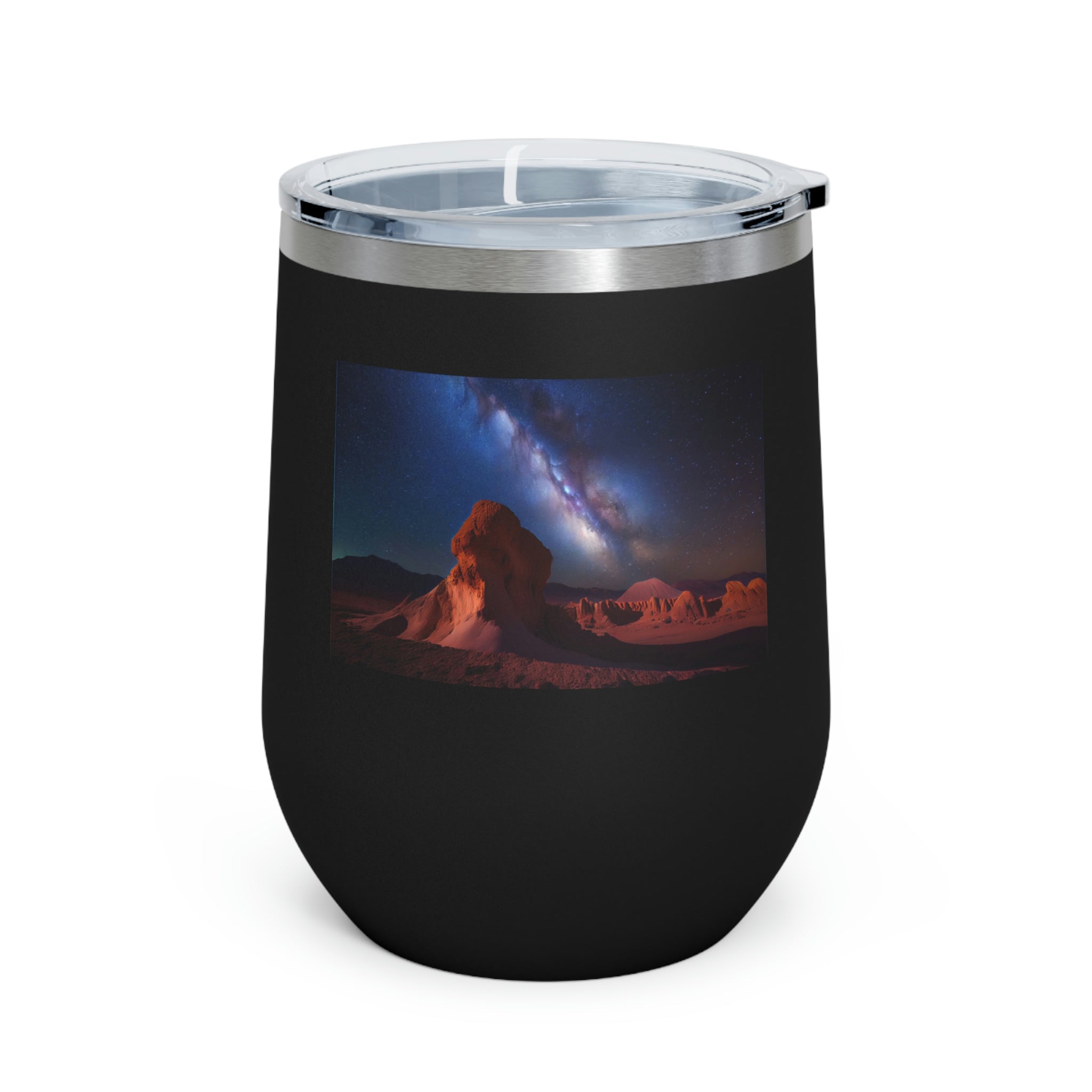 Milky Galaxy Wine Tumbler with a stylish design and clear lid, perfect for hot and cold beverages.