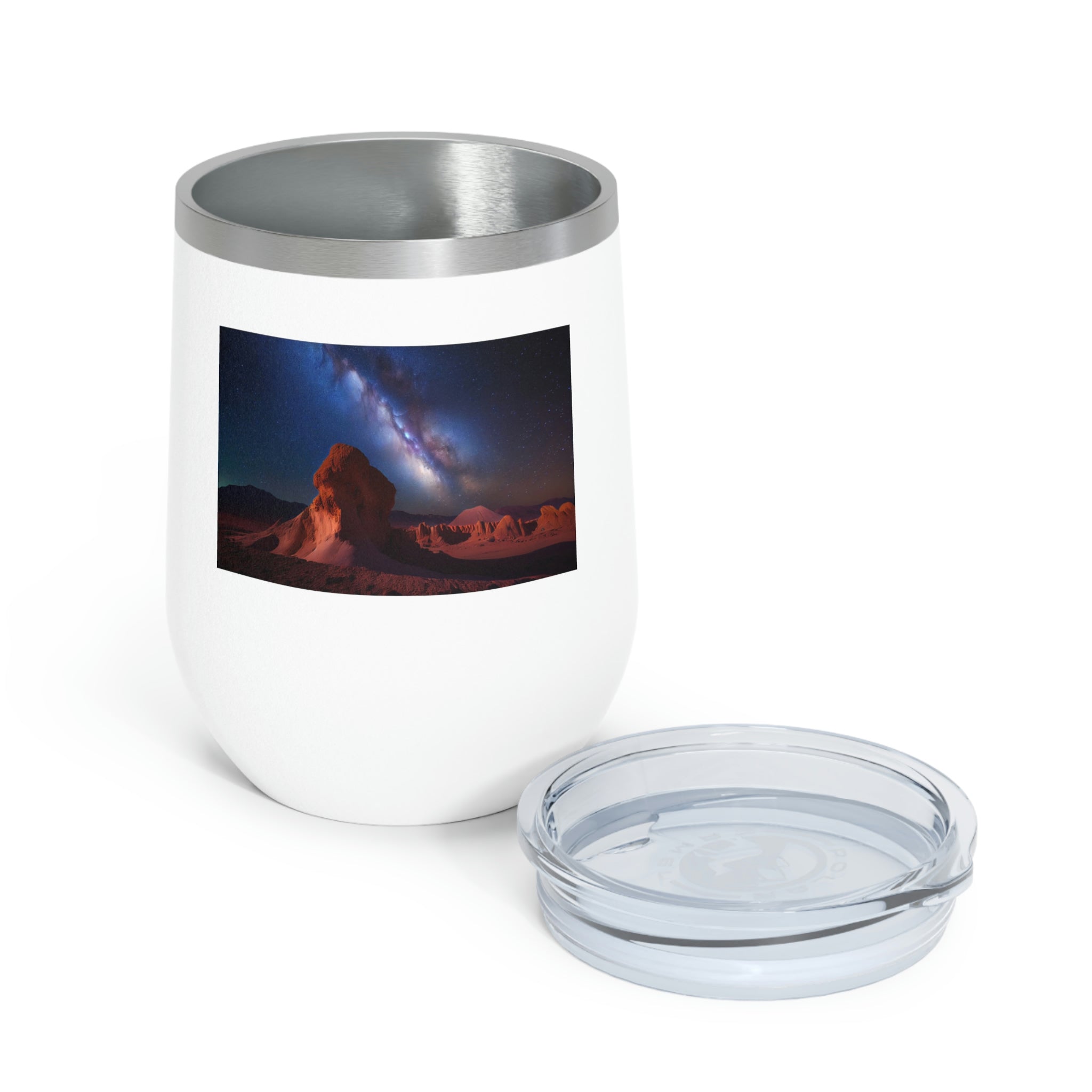 Milky Galaxy Wine Tumbler with a stylish design and clear lid, perfect for hot and cold beverages.