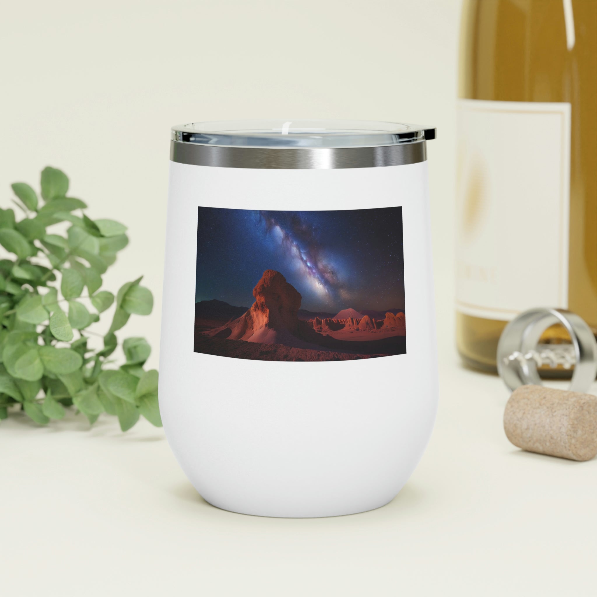 Milky Galaxy Wine Tumbler with a stylish design and clear lid, perfect for hot and cold beverages.