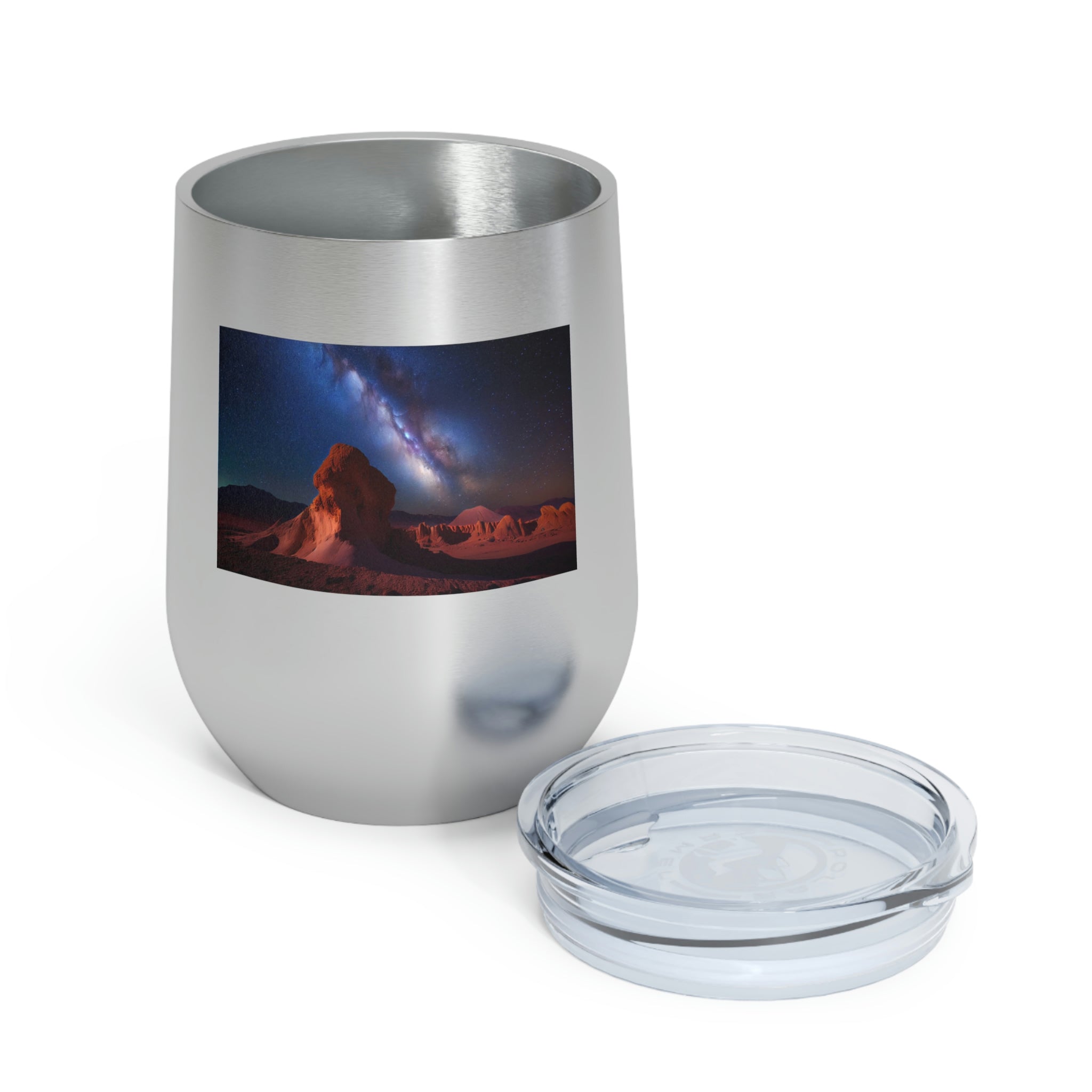 Milky Galaxy Wine Tumbler with a stylish design and clear lid, perfect for hot and cold beverages.