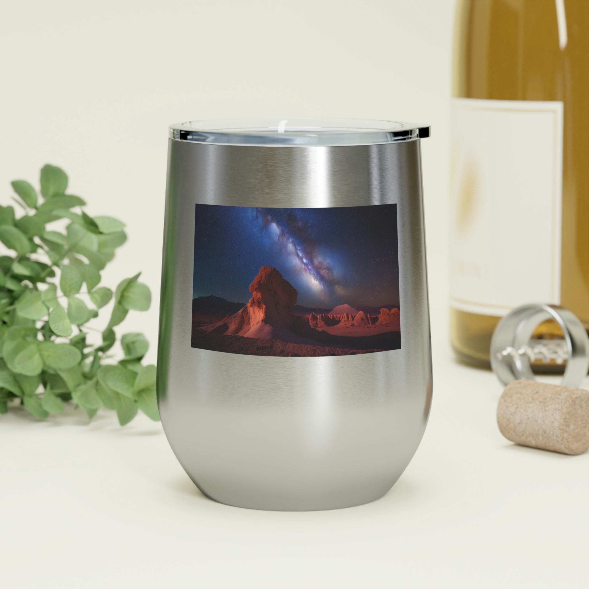 Milky Galaxy Wine Tumbler with a stylish design and clear lid, perfect for hot and cold beverages.